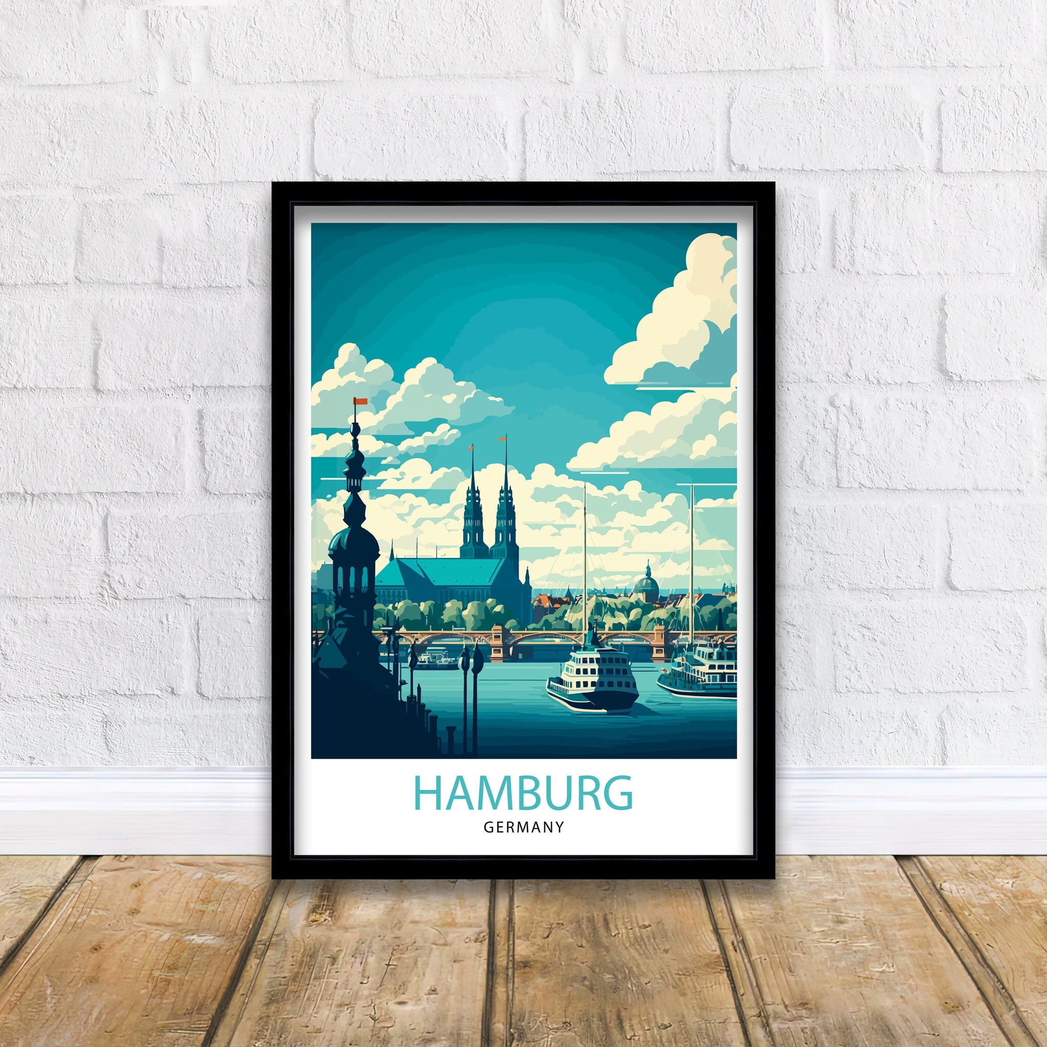 Hamburg Germany Travel Poster: Elbphilharmonie & St. Michaelis Church