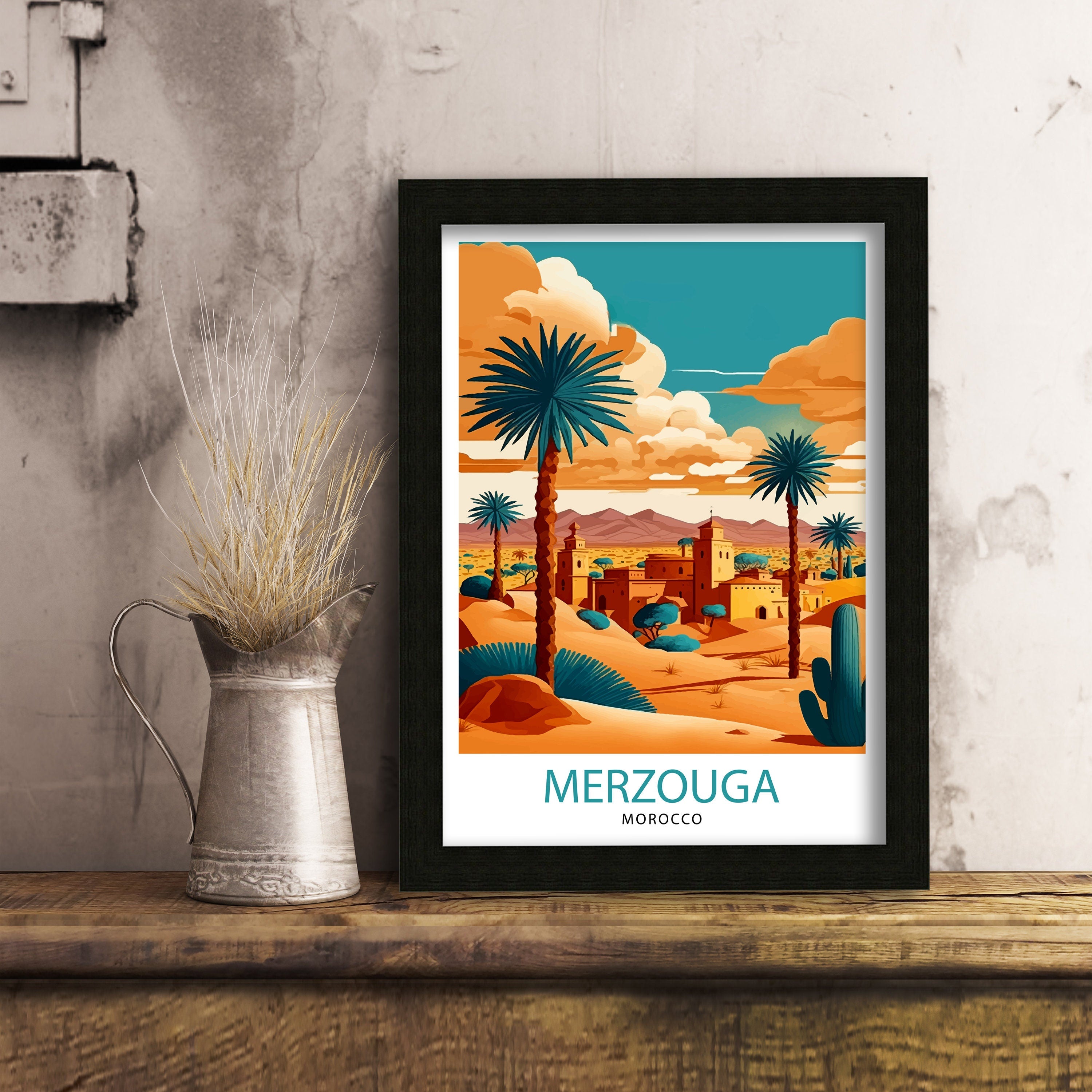 Merzouga Morocco Travel Poster: Desert Landscape Illustration