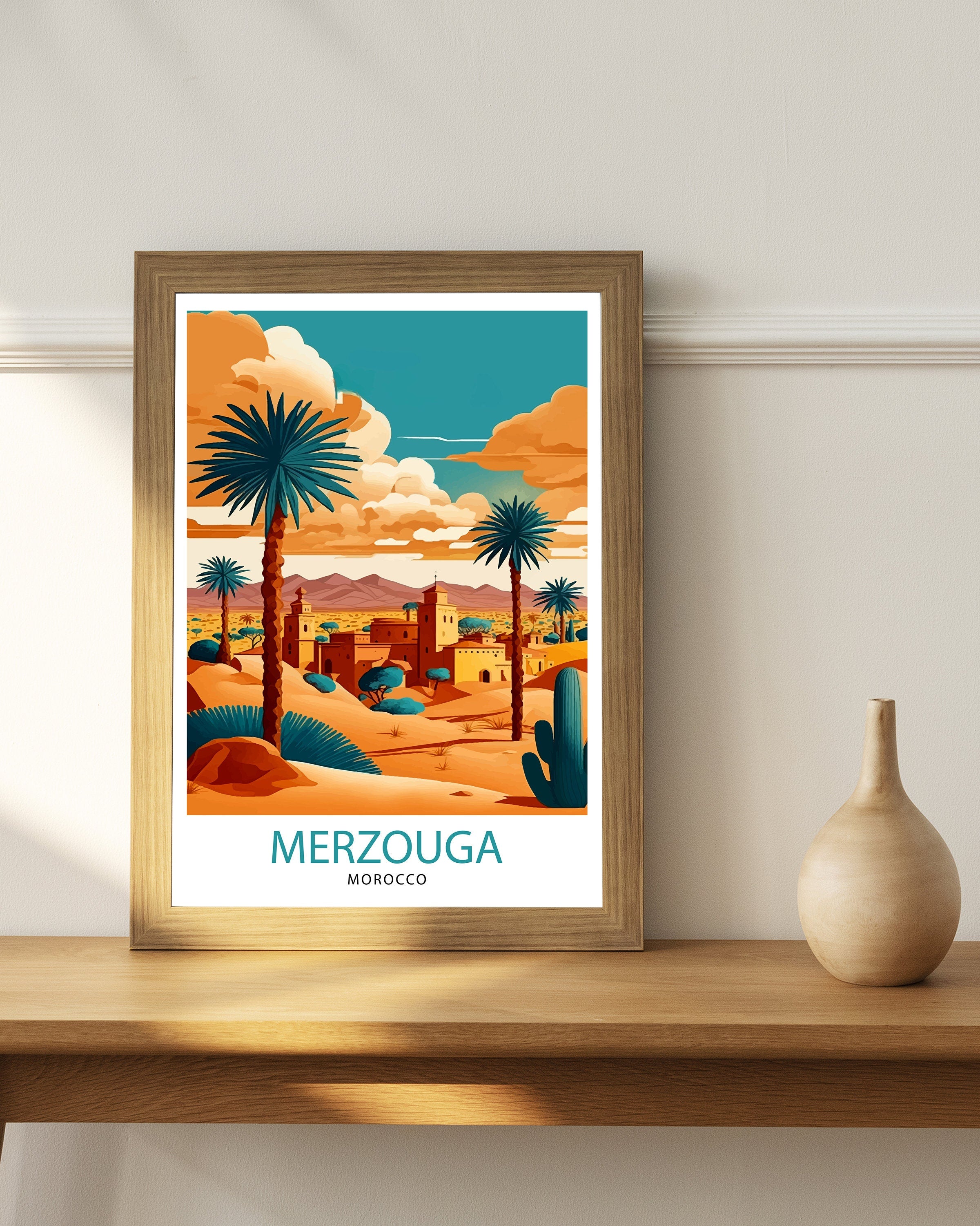 Merzouga Morocco Travel Poster: Desert Landscape Illustration