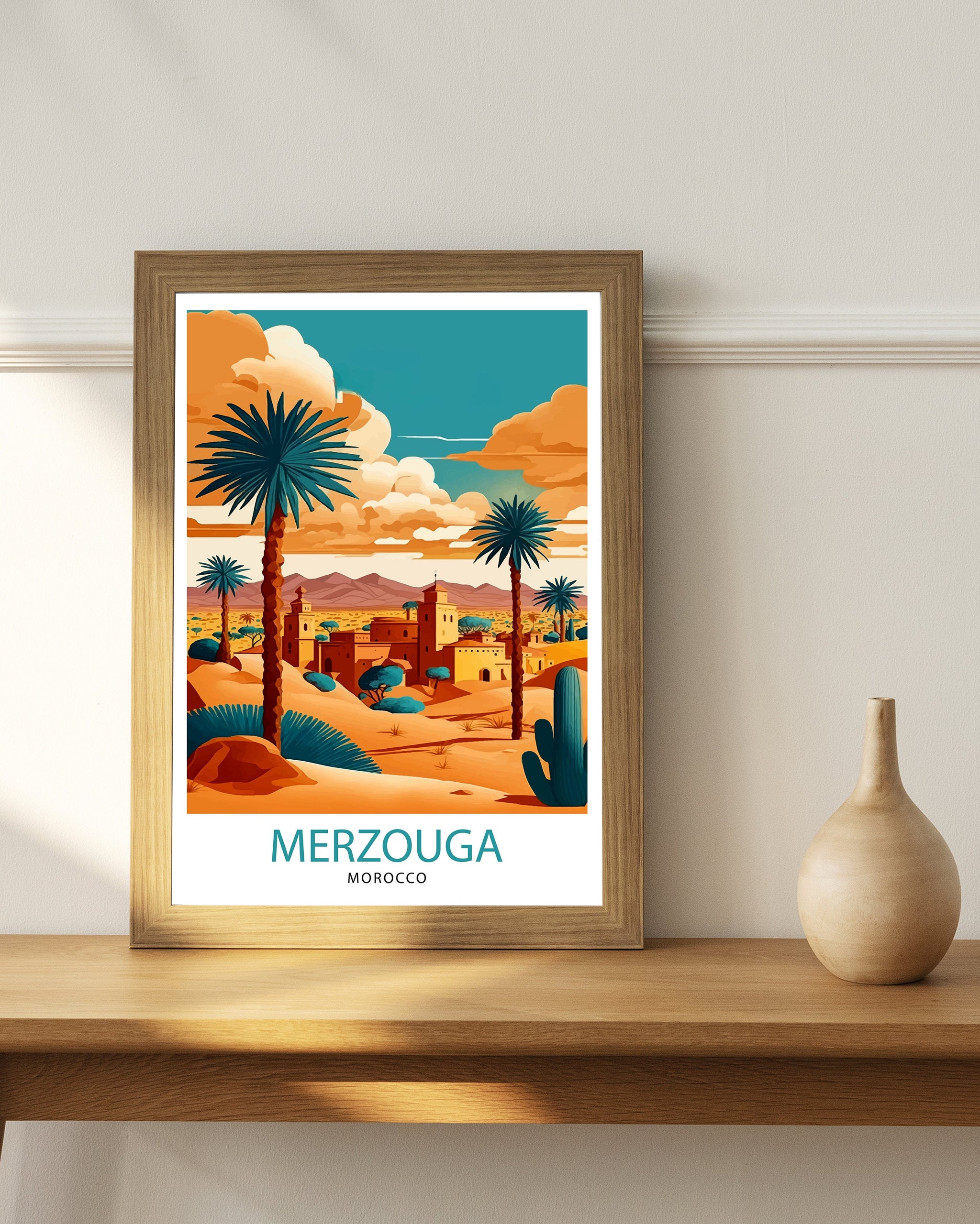 Merzouga Morocco Travel Poster: Desert Landscape Illustration