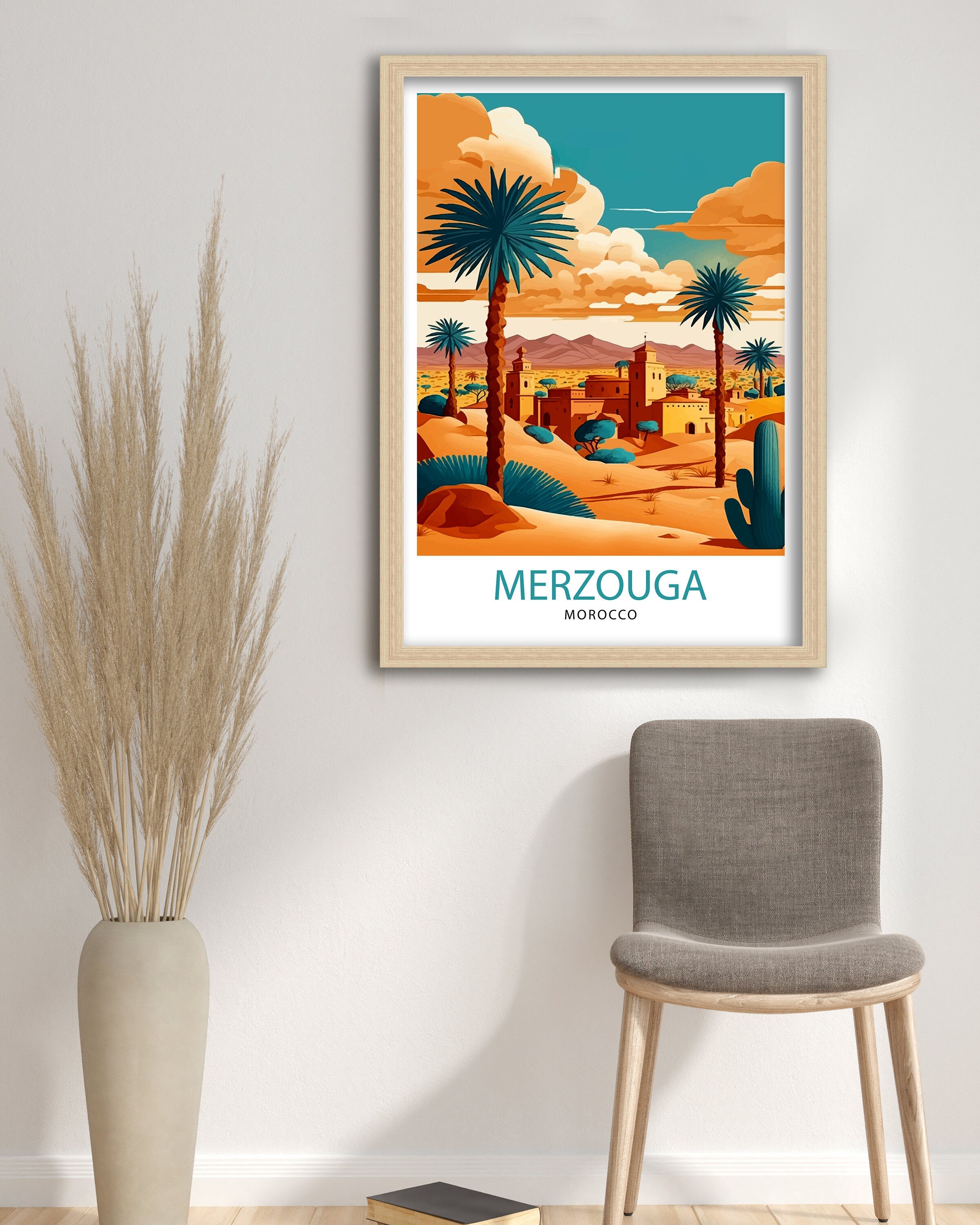 Merzouga Morocco Travel Poster: Desert Landscape Illustration