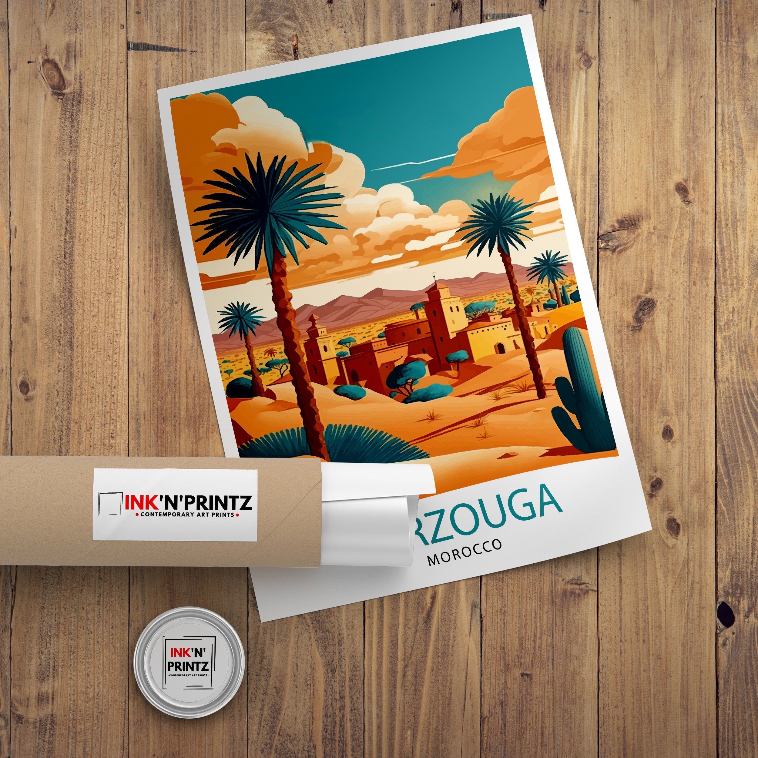 Merzouga Morocco Travel Poster: Desert Landscape Illustration