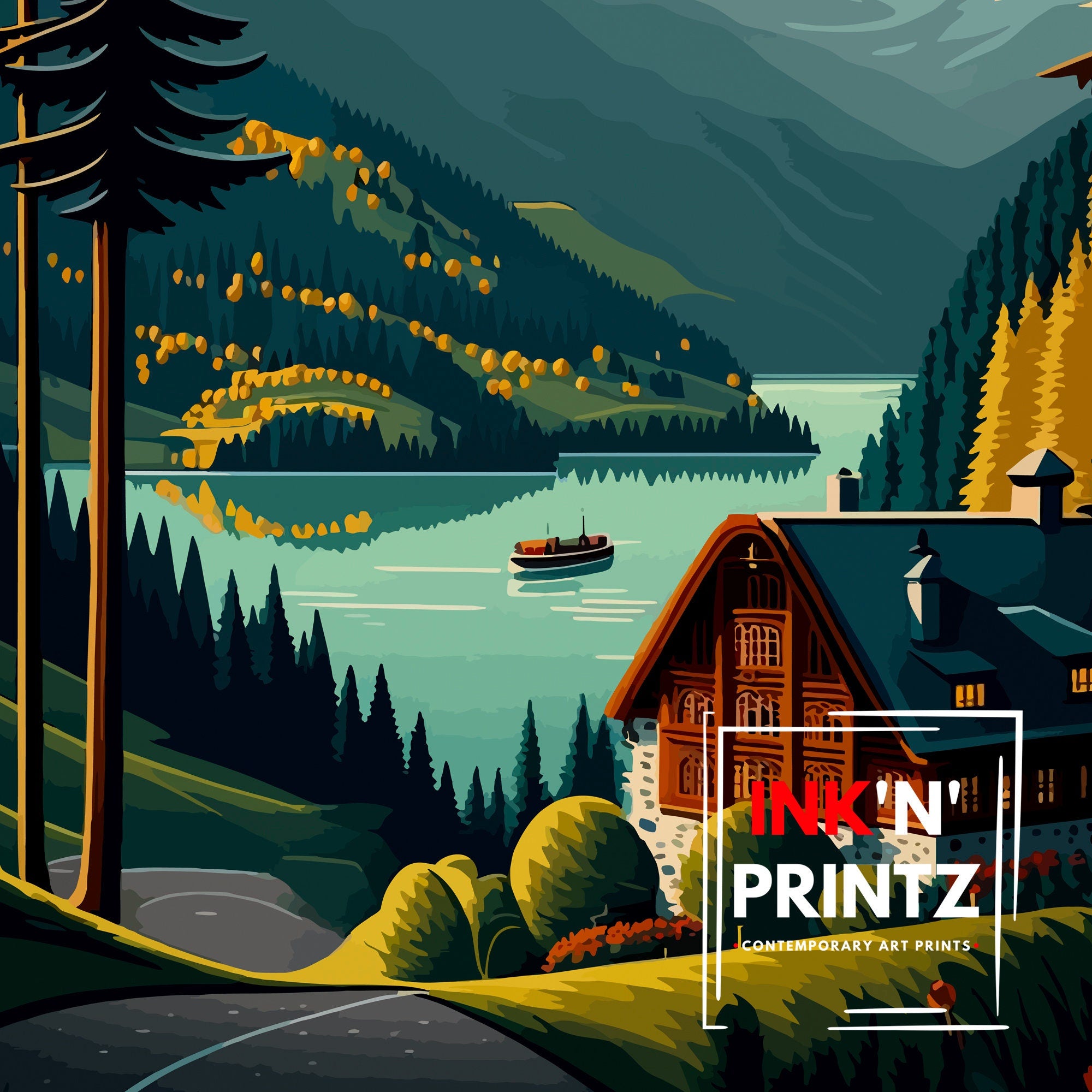 Hasliberg Switzerland Travel Poster, Swiss Alps Illustration