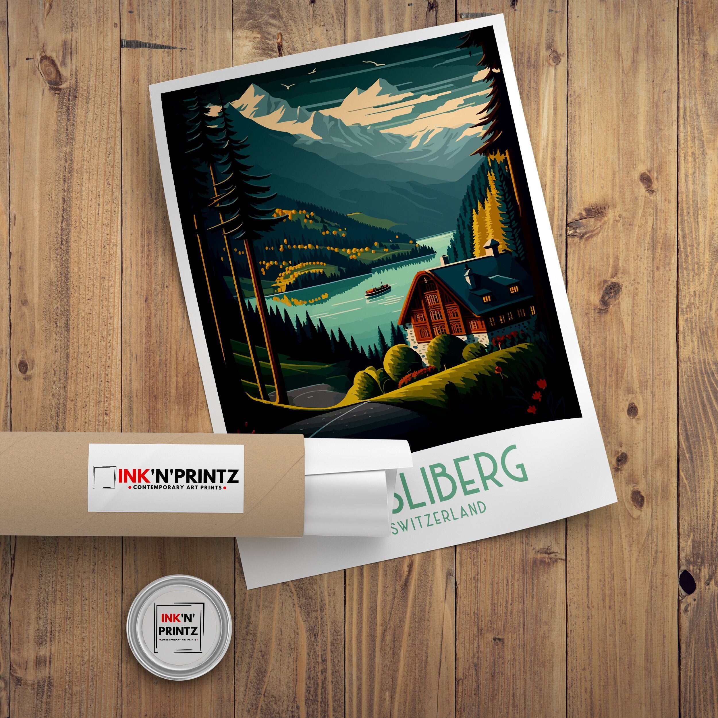 Hasliberg Switzerland Travel Poster, Swiss Alps Illustration