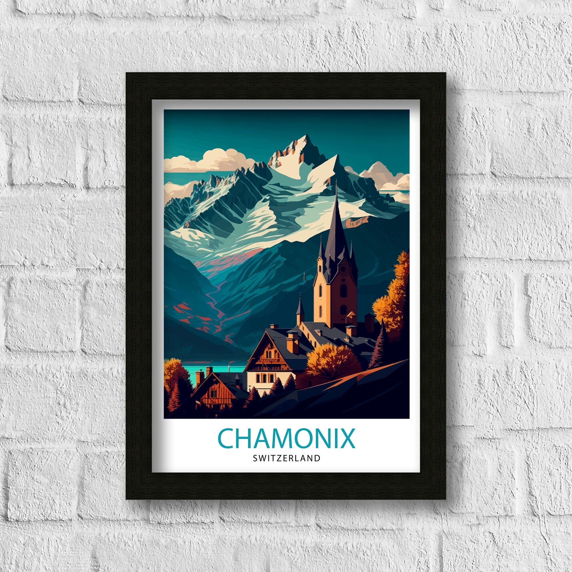 Chamonix Switzerland Travel Poster, Swiss Alps Illustration
