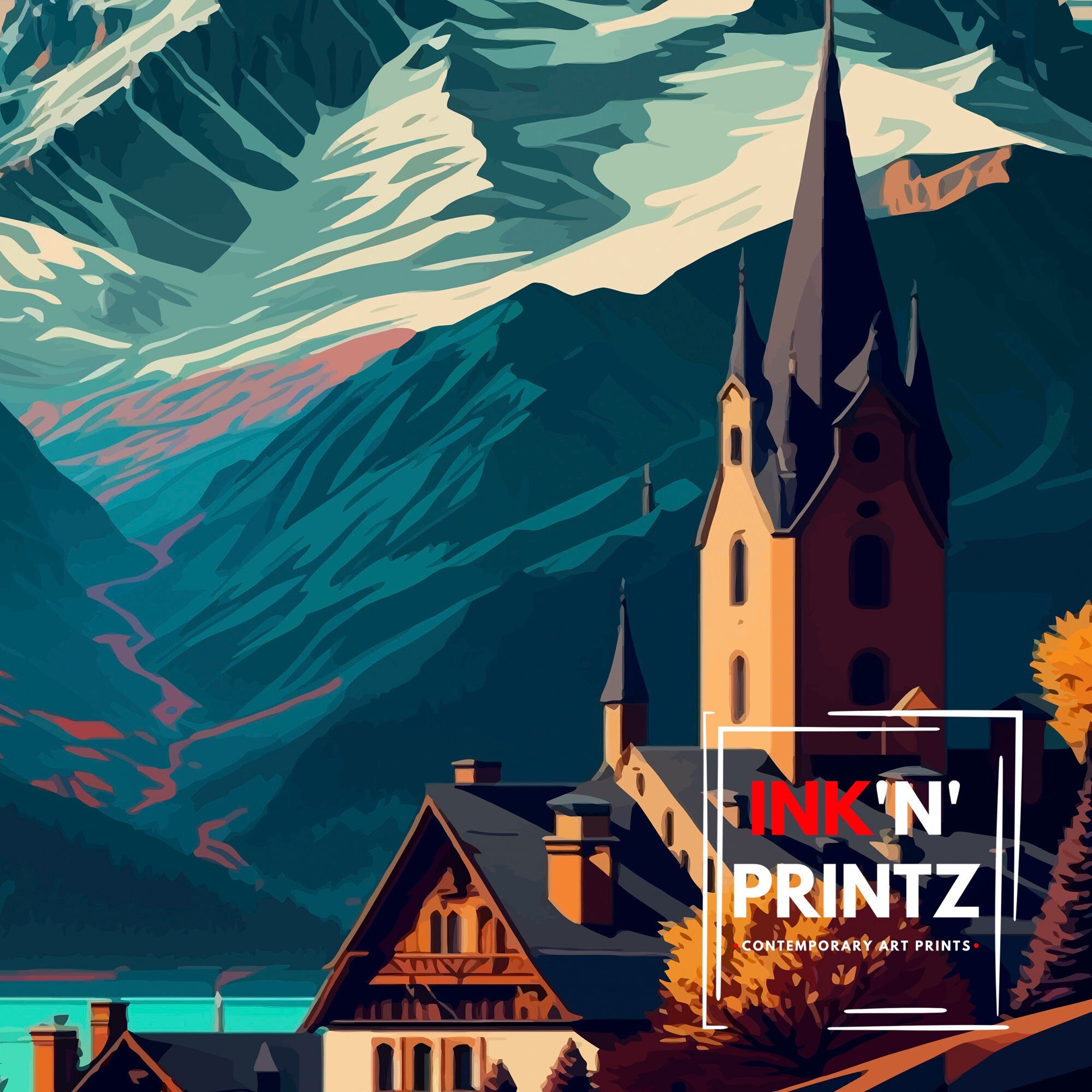 Chamonix Switzerland Travel Poster, Swiss Alps Illustration