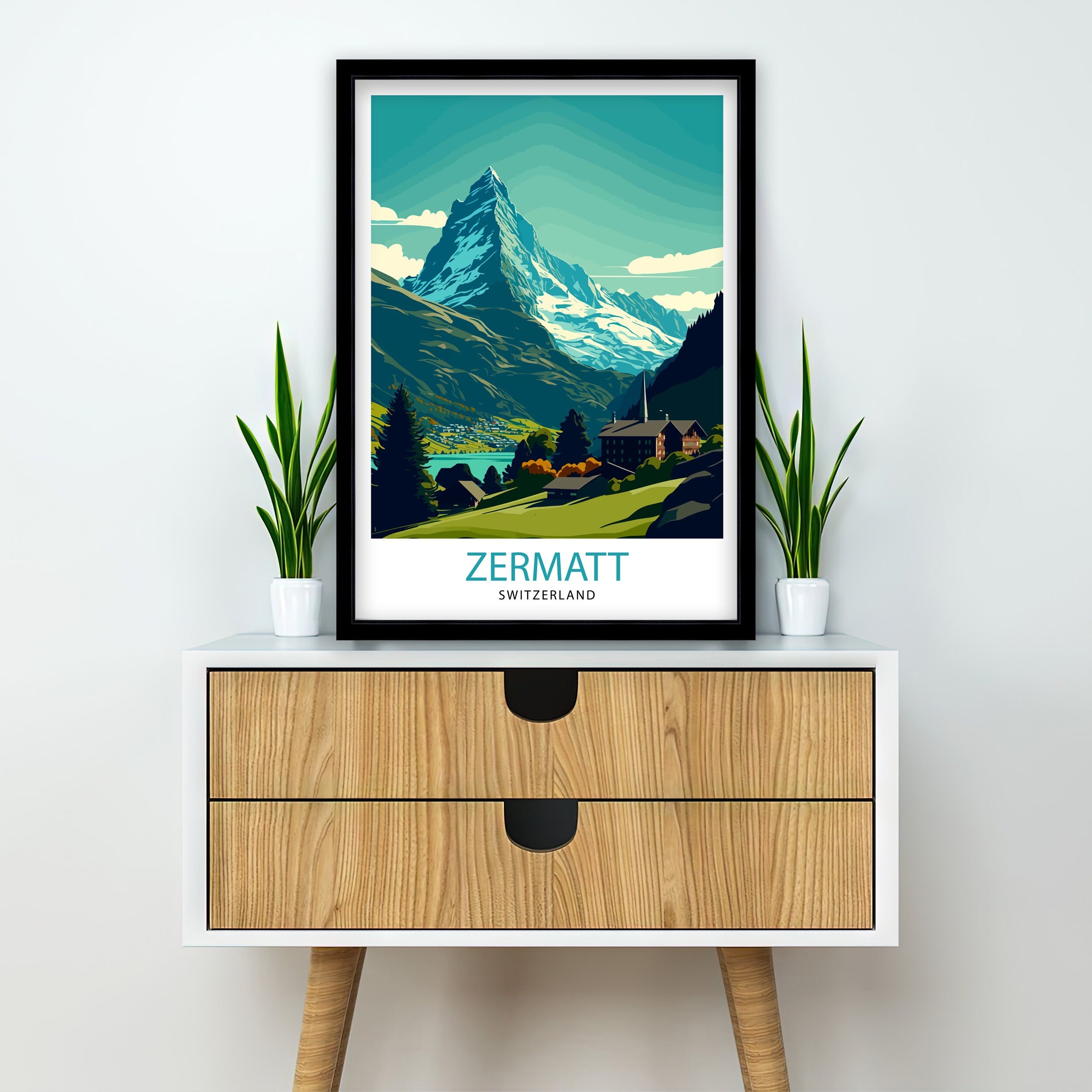 Zermatt Switzerland Travel Poster, Matterhorn Illustration