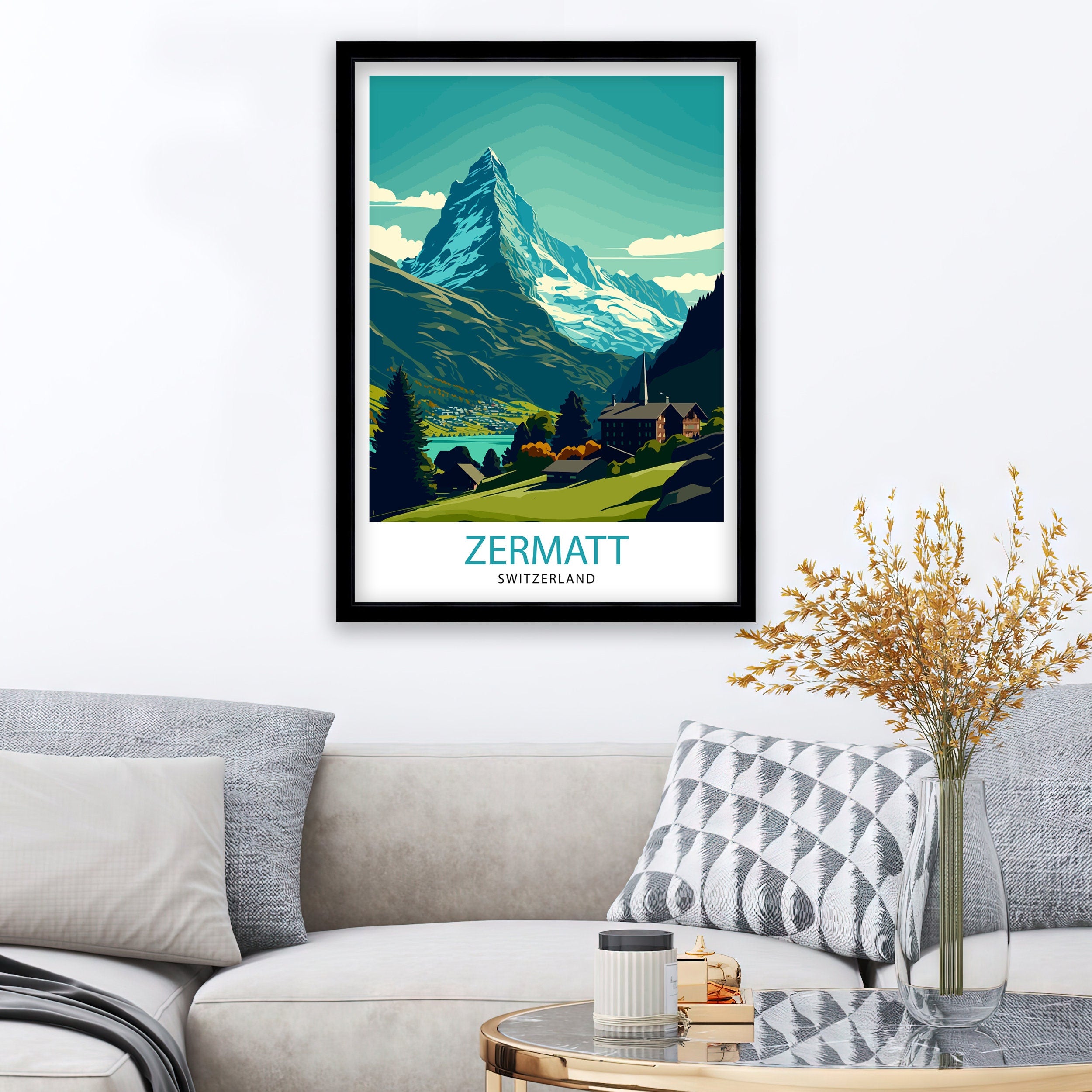 Zermatt Switzerland Travel Poster, Matterhorn Illustration