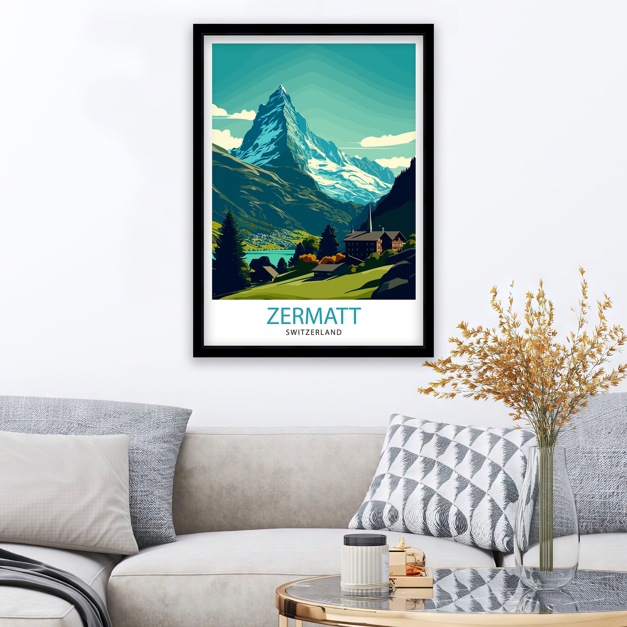 Zermatt Switzerland Travel Poster, Matterhorn Illustration