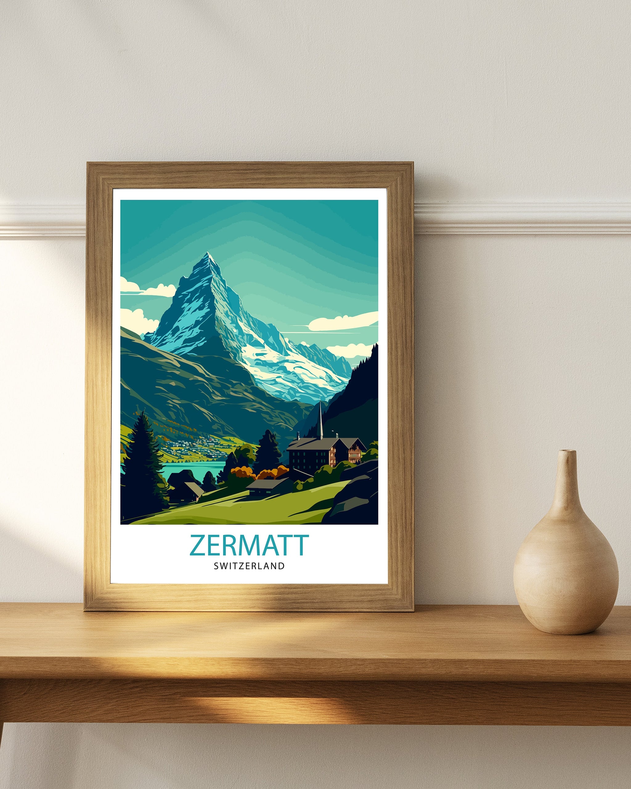 Zermatt Switzerland Travel Poster, Matterhorn Illustration
