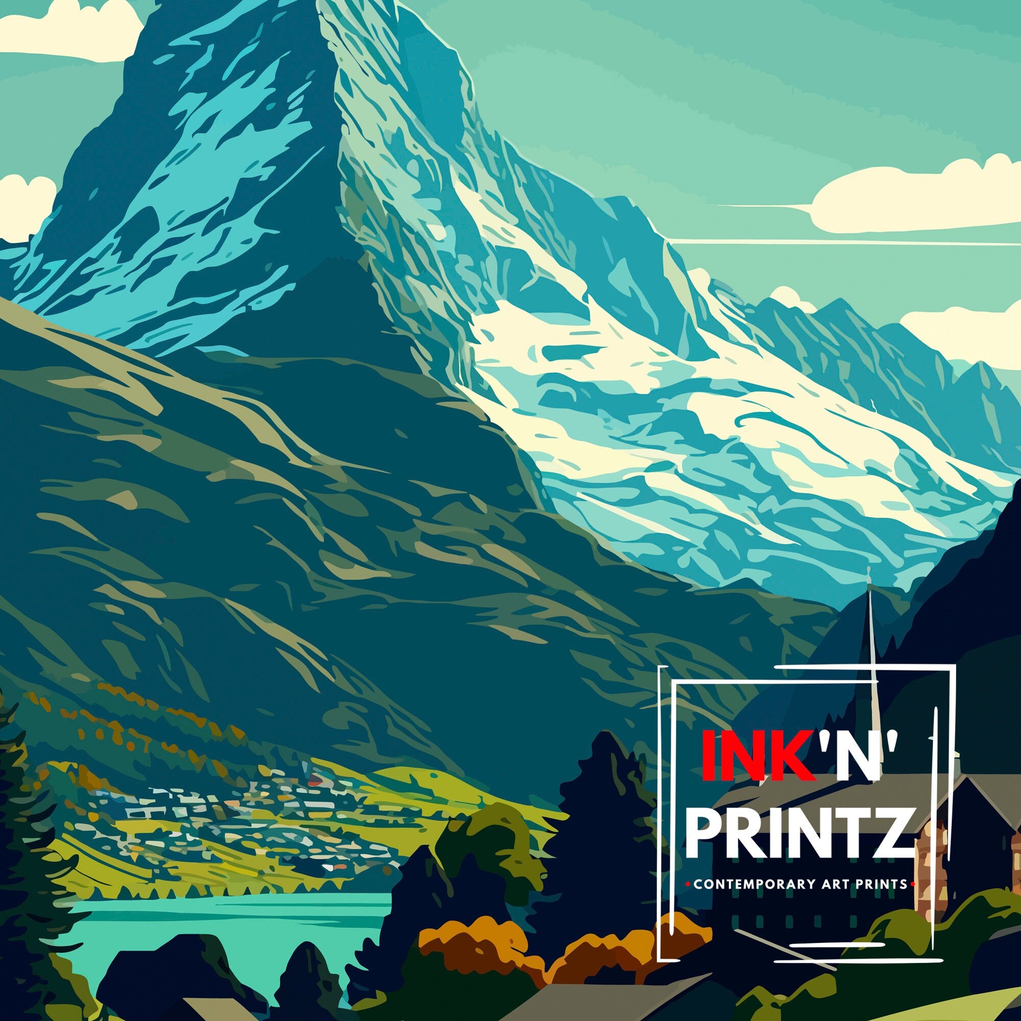 Zermatt Switzerland Travel Poster, Matterhorn Illustration