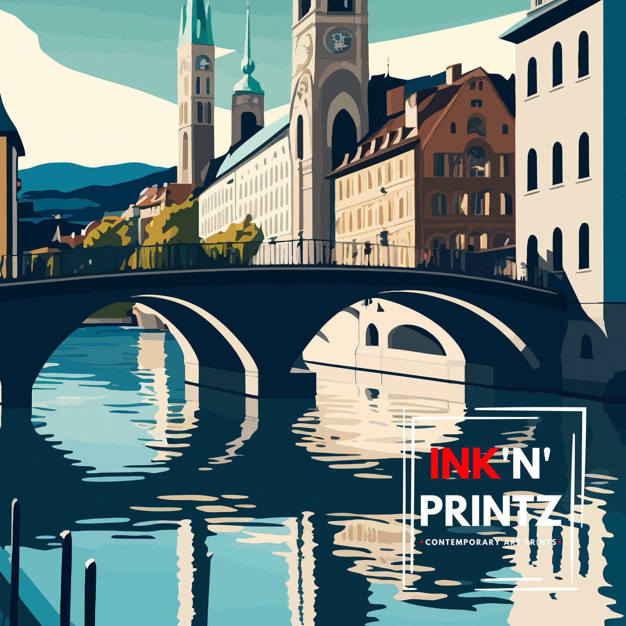 Zurich Switzerland Illustration Print, Swiss Travel Poster