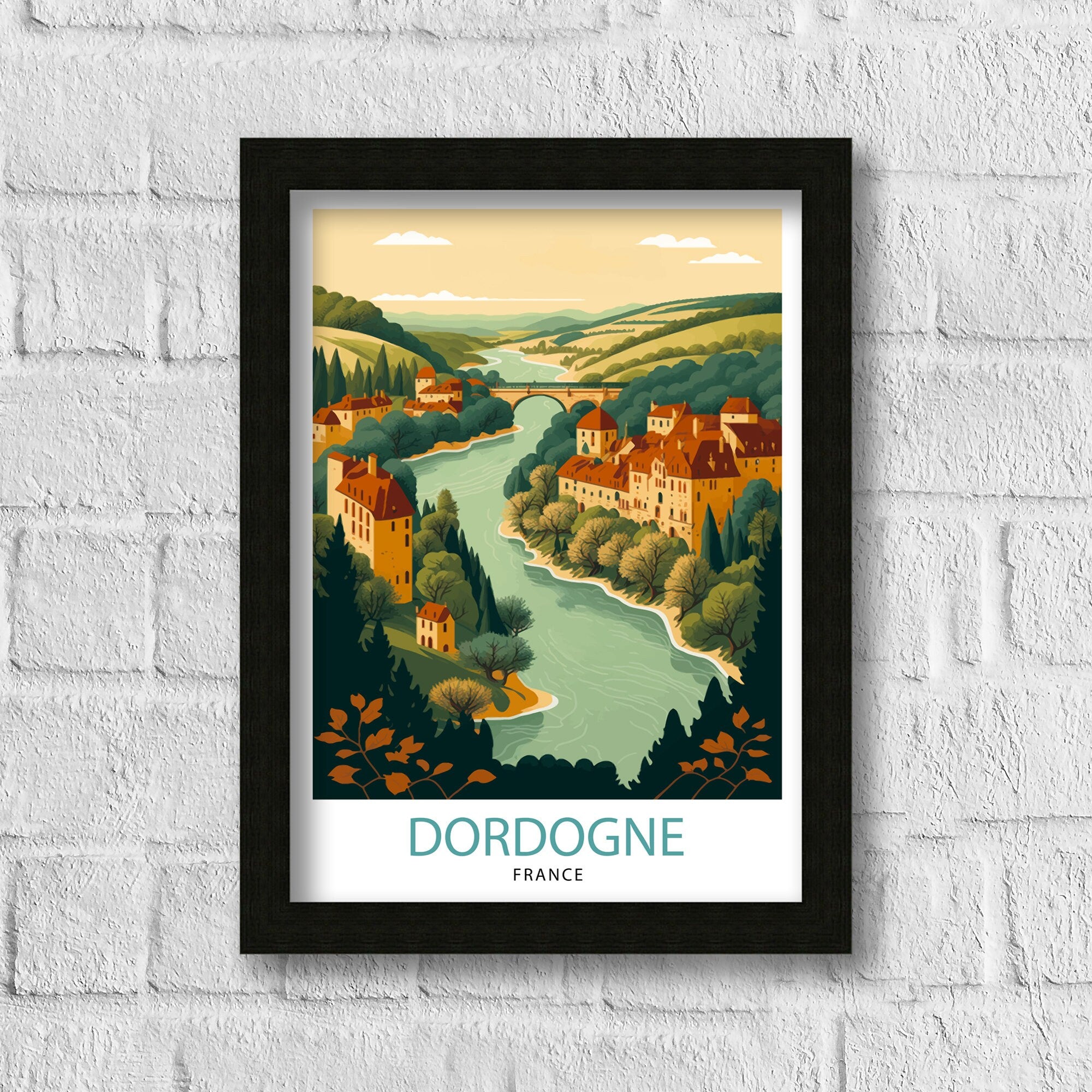 Dordogne France Travel Poster, Rustic Village Illustration