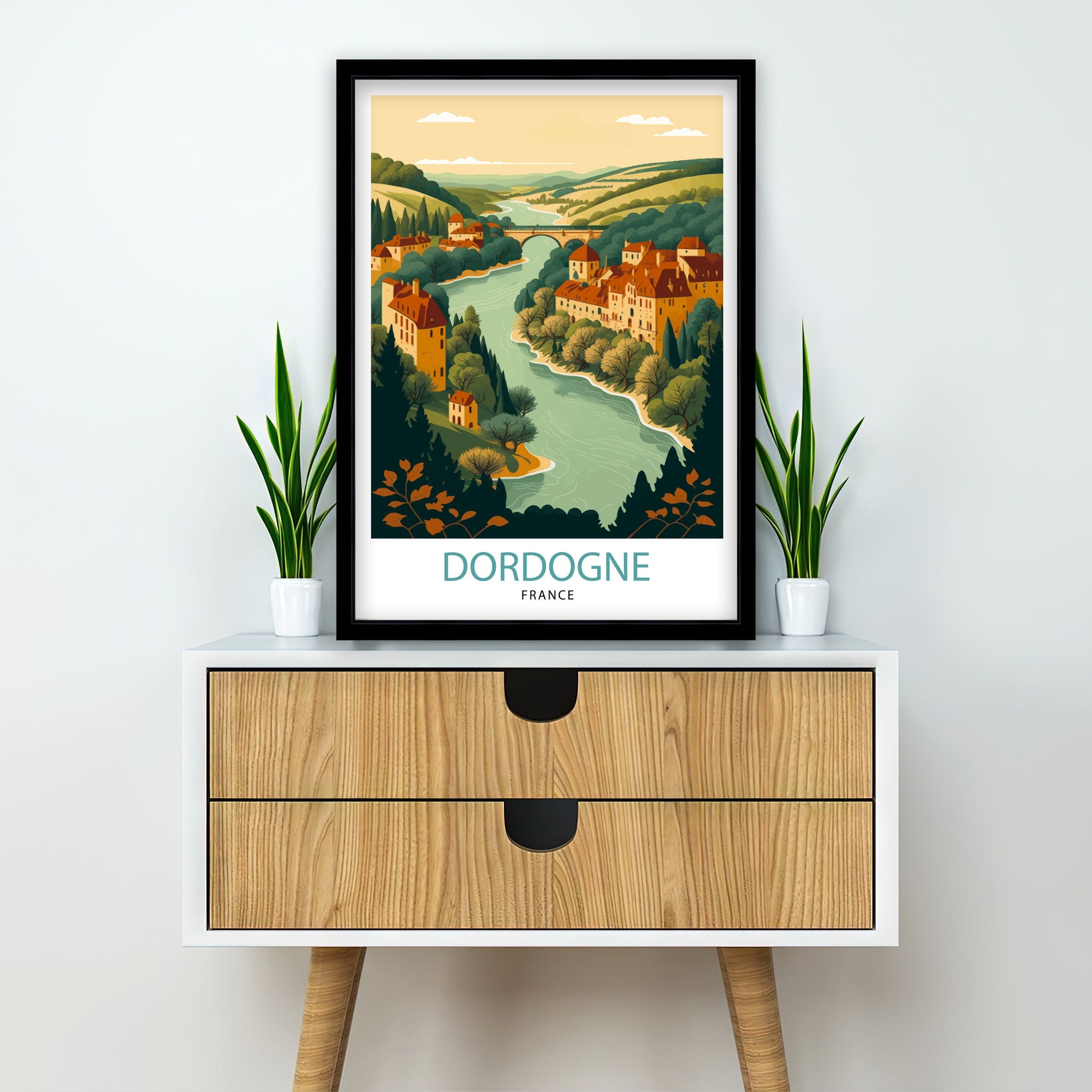 Dordogne France Travel Poster, Rustic Village Illustration