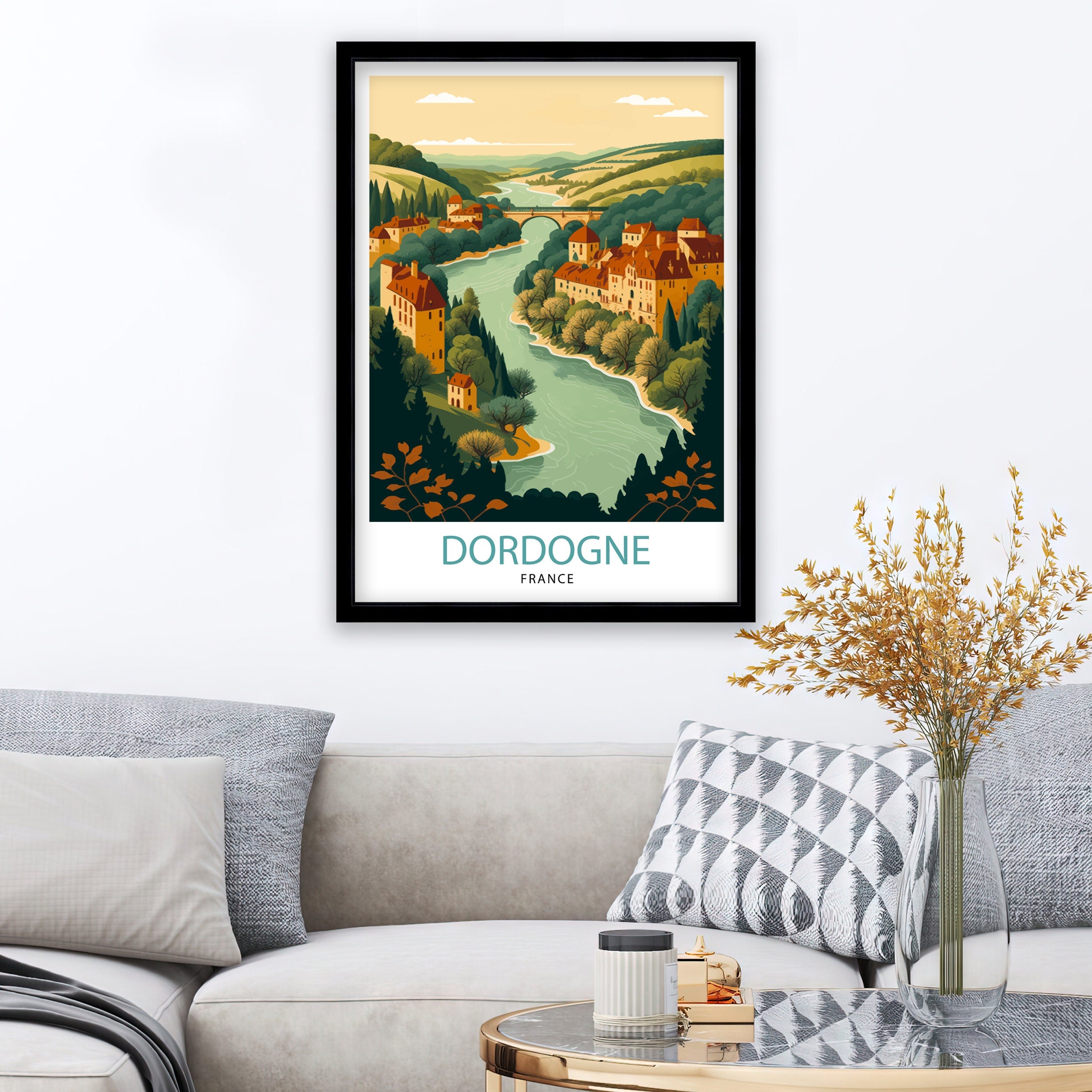 Dordogne France Travel Poster, Rustic Village Illustration