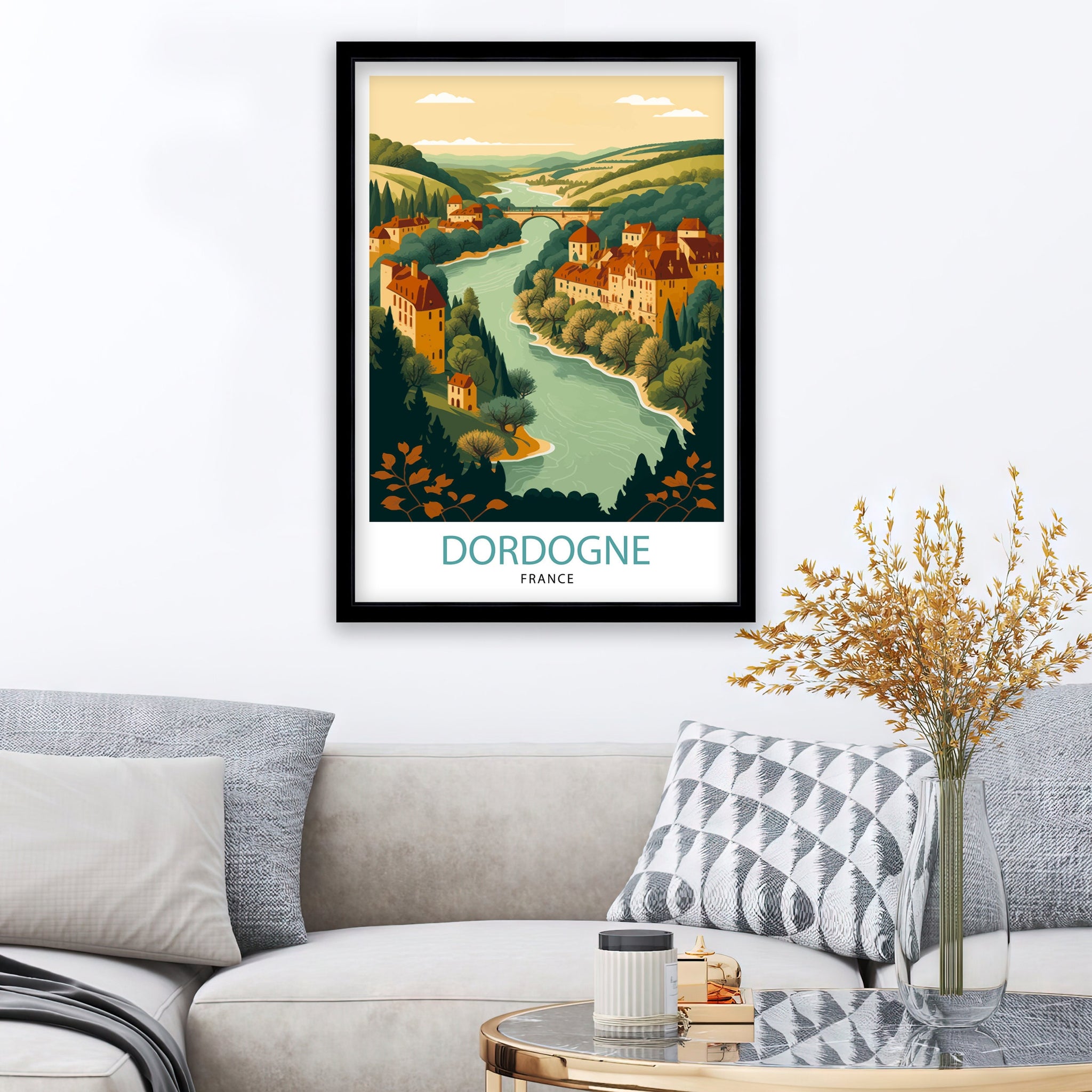Dordogne France Travel Poster, Rustic Village Illustration