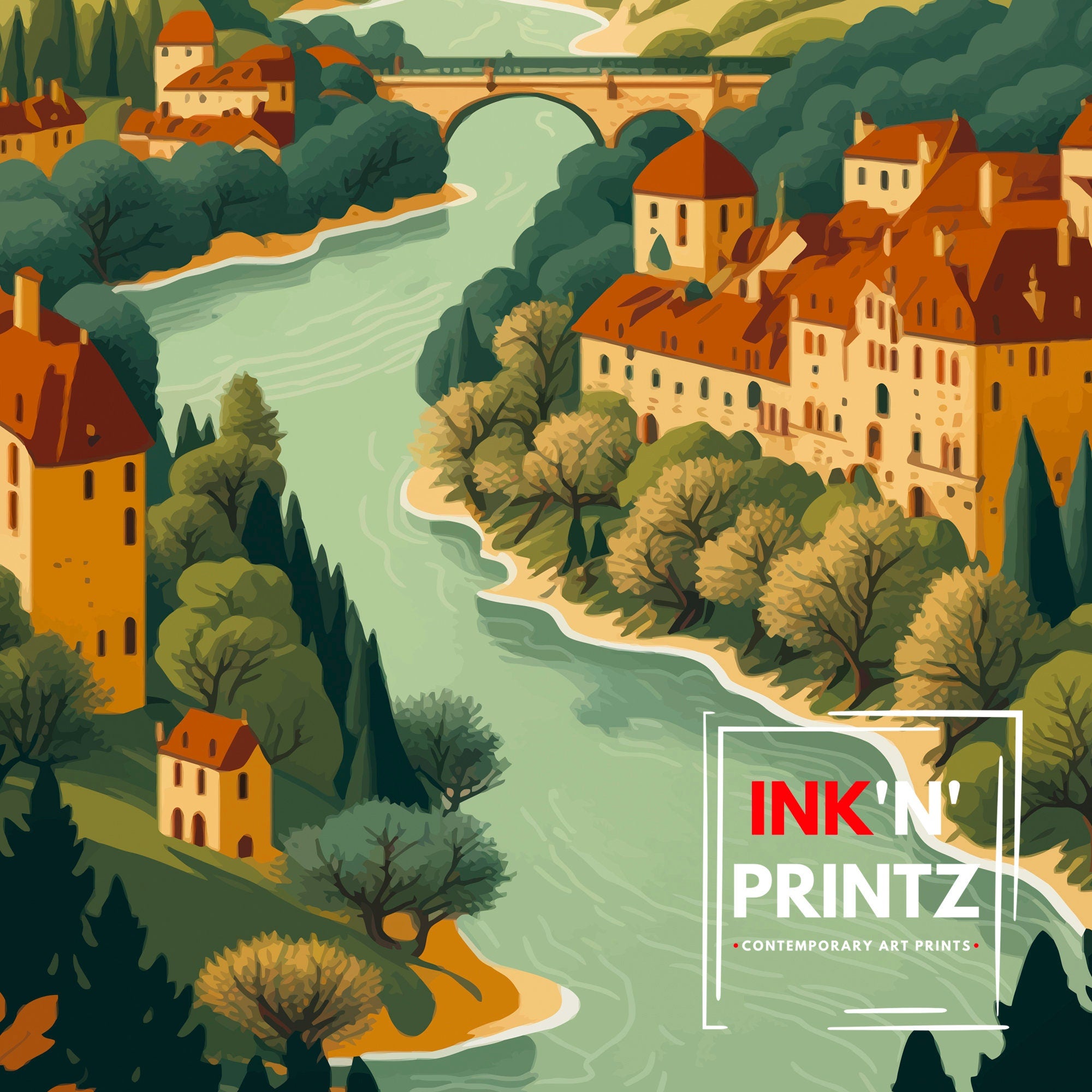 Dordogne France Travel Poster, Rustic Village Illustration