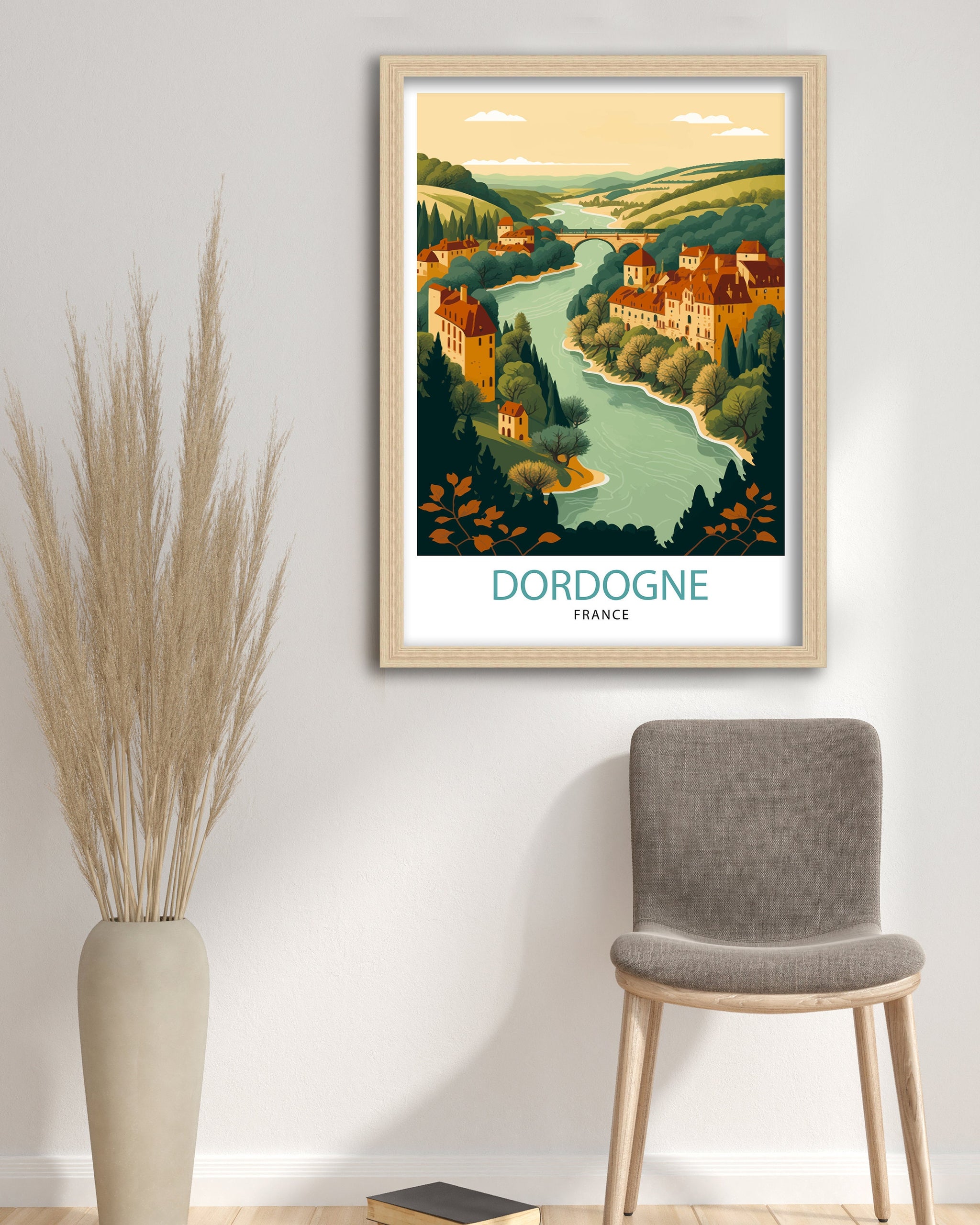 Dordogne France Travel Poster, Rustic Village Illustration
