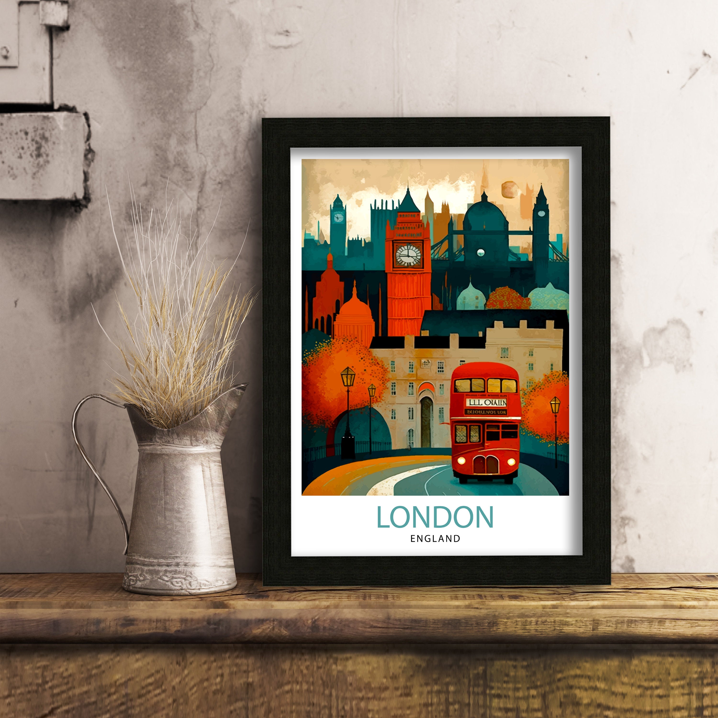 London Travel Poster | England Illustration, Big Ben & Red Bus
