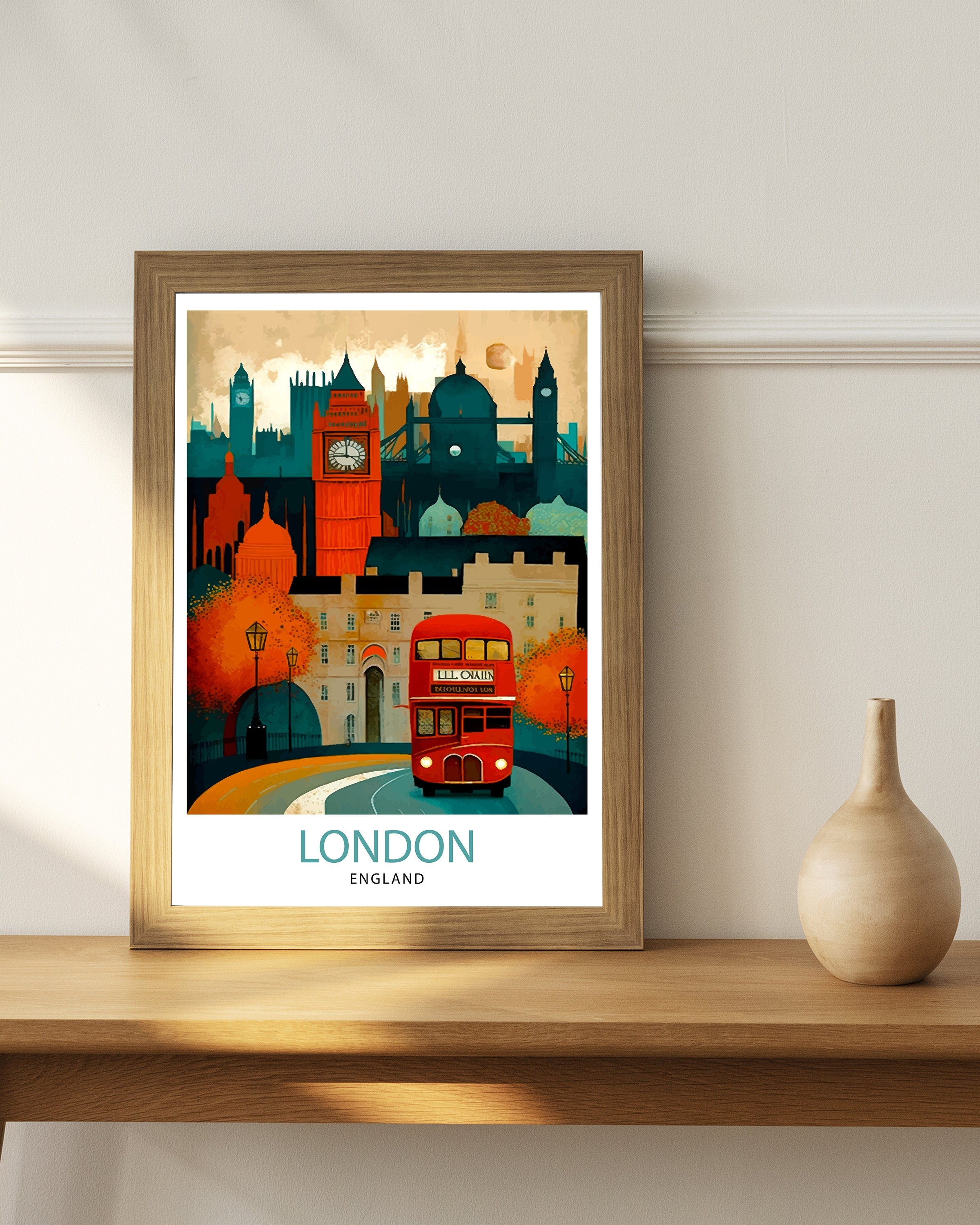 London Travel Poster | England Illustration, Big Ben & Red Bus