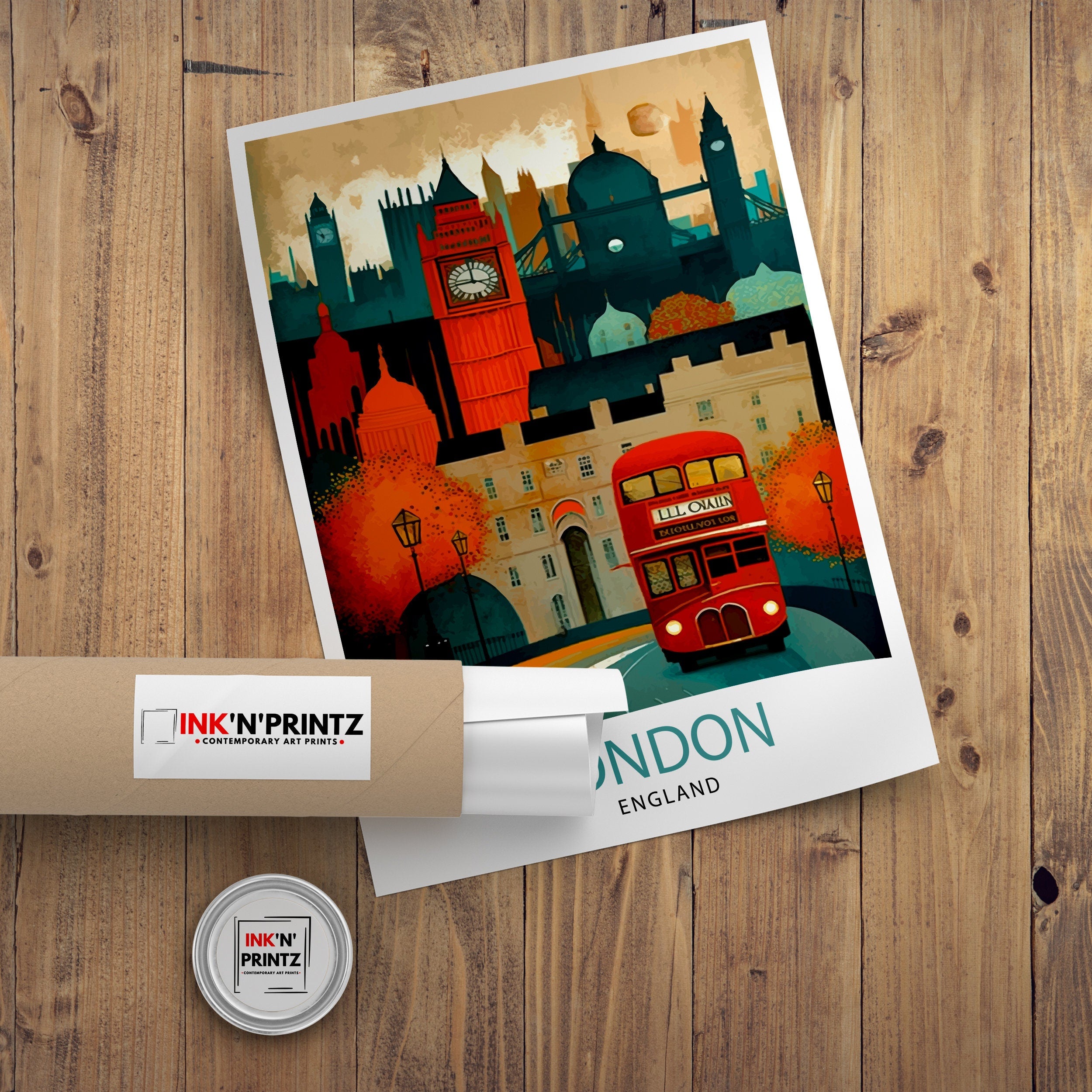London Travel Poster | England Illustration, Big Ben & Red Bus