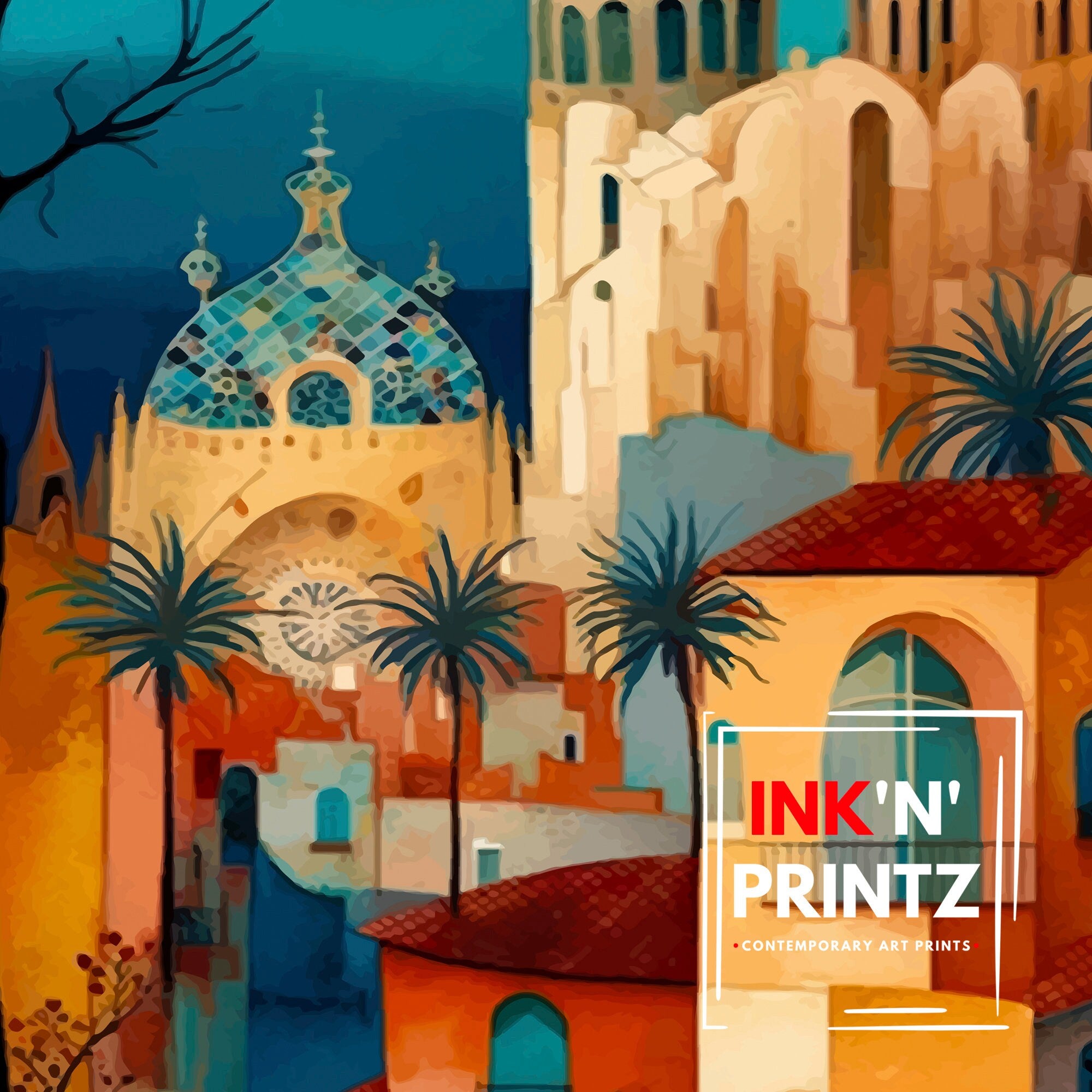 Barcelona Travel Poster, Spain Architecture Art Print