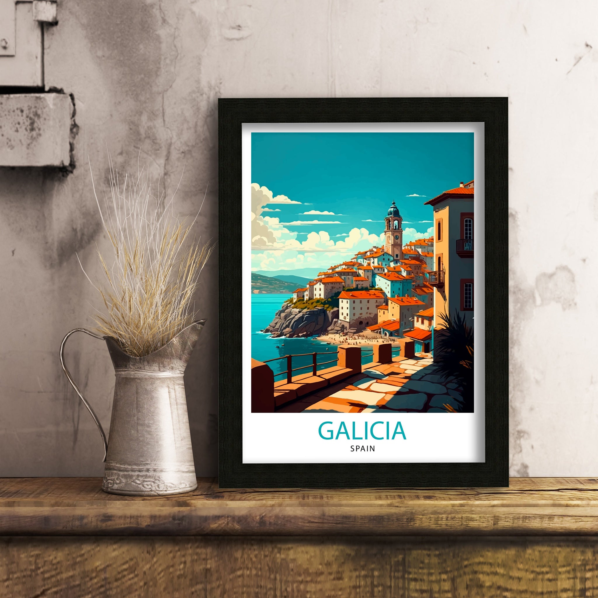 Galicia Spain Travel Poster, Coastal Village Illustration