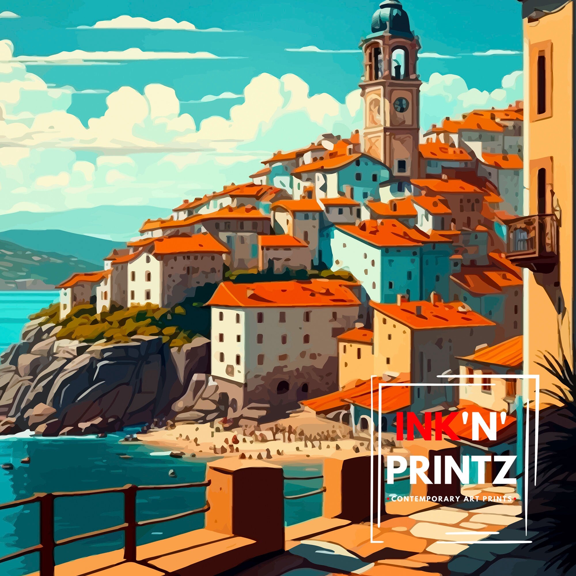 Galicia Spain Travel Poster, Coastal Village Illustration