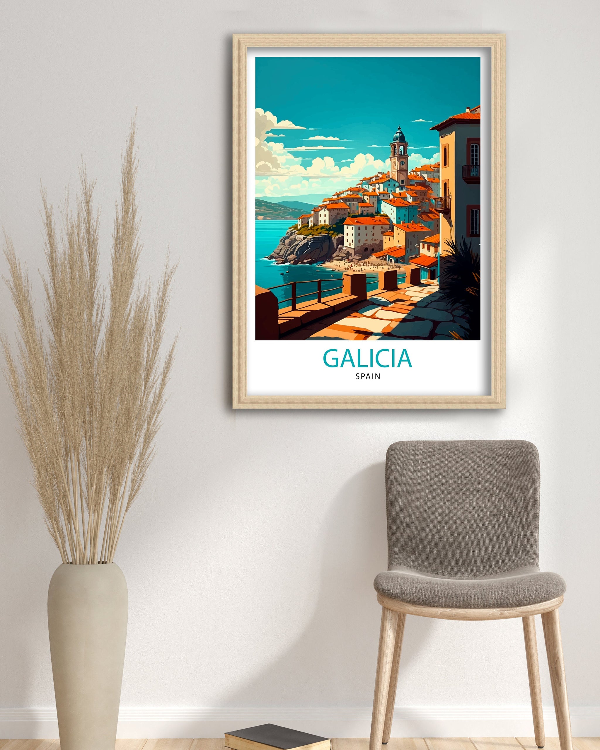 Galicia Spain Travel Poster, Coastal Village Illustration