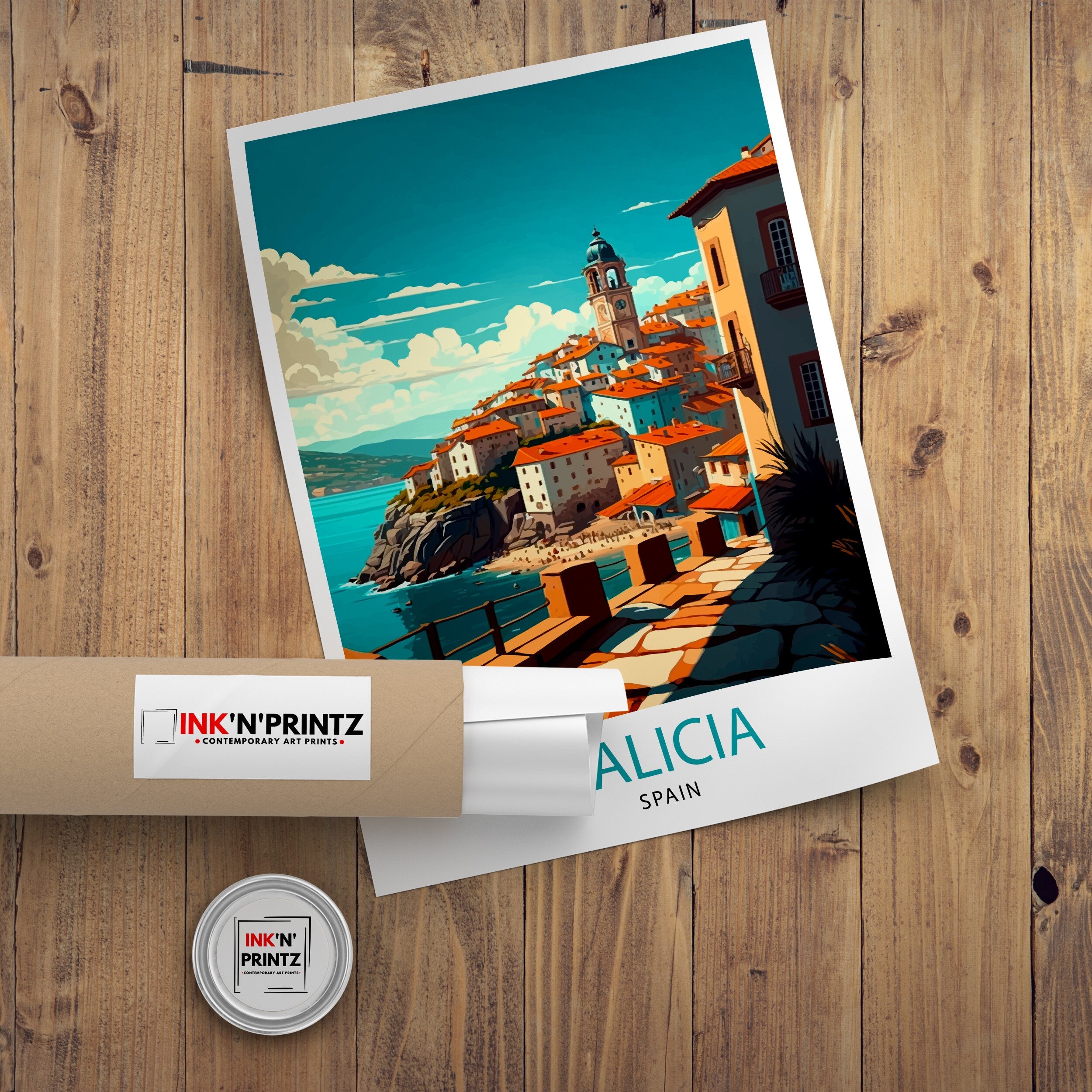 Galicia Spain Travel Poster, Coastal Village Illustration