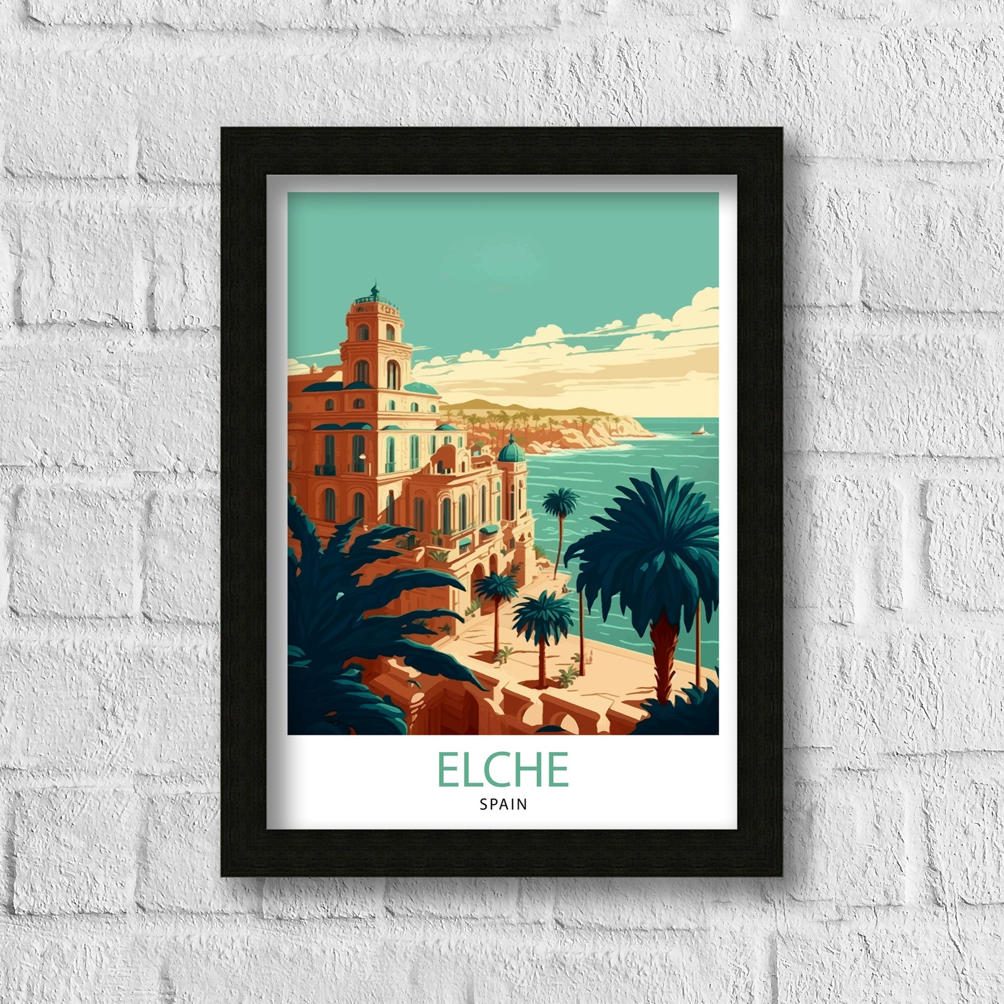 Elche Spain Travel Poster, Coastal City Illustration