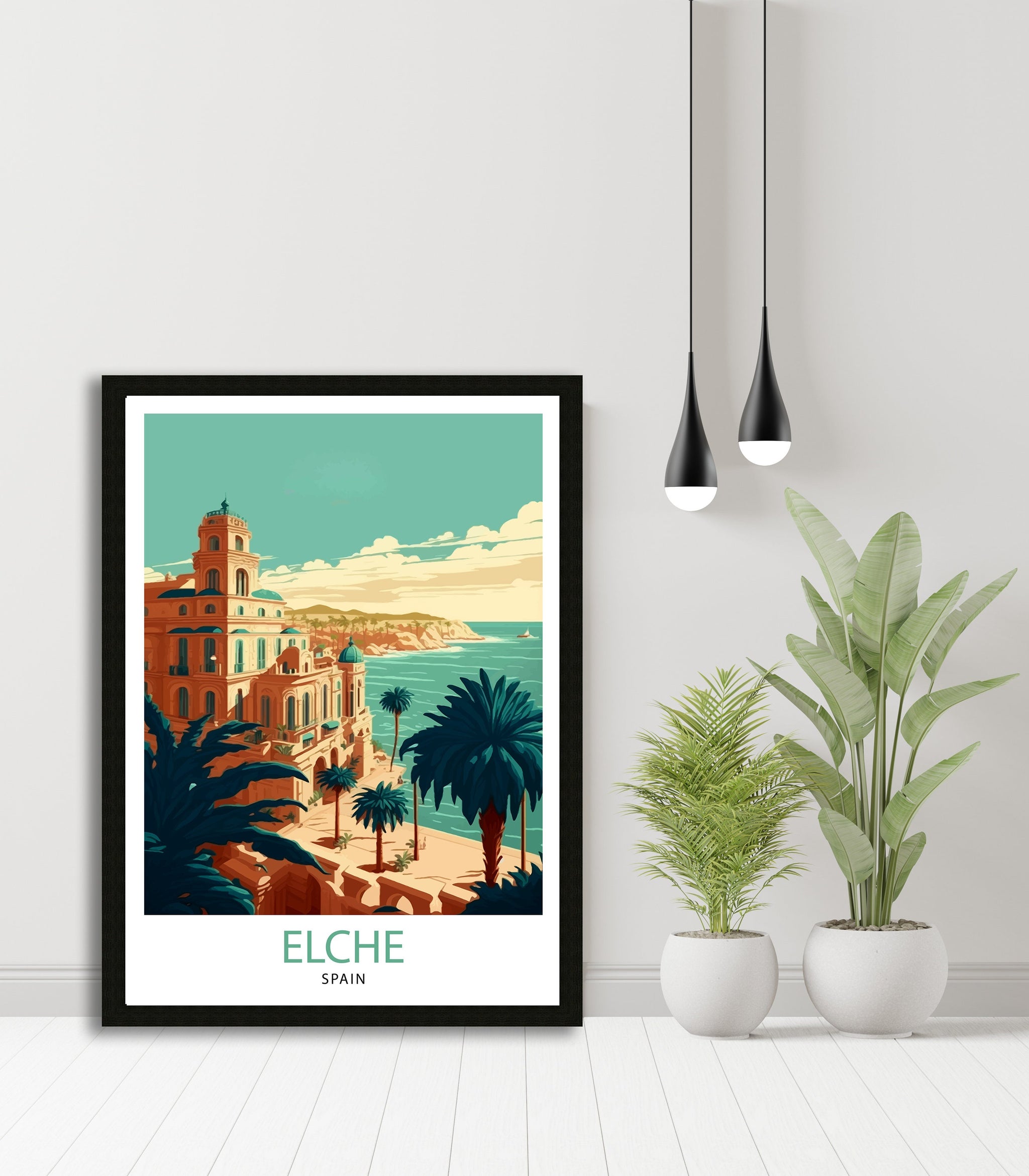 Elche Spain Travel Poster, Coastal City Illustration