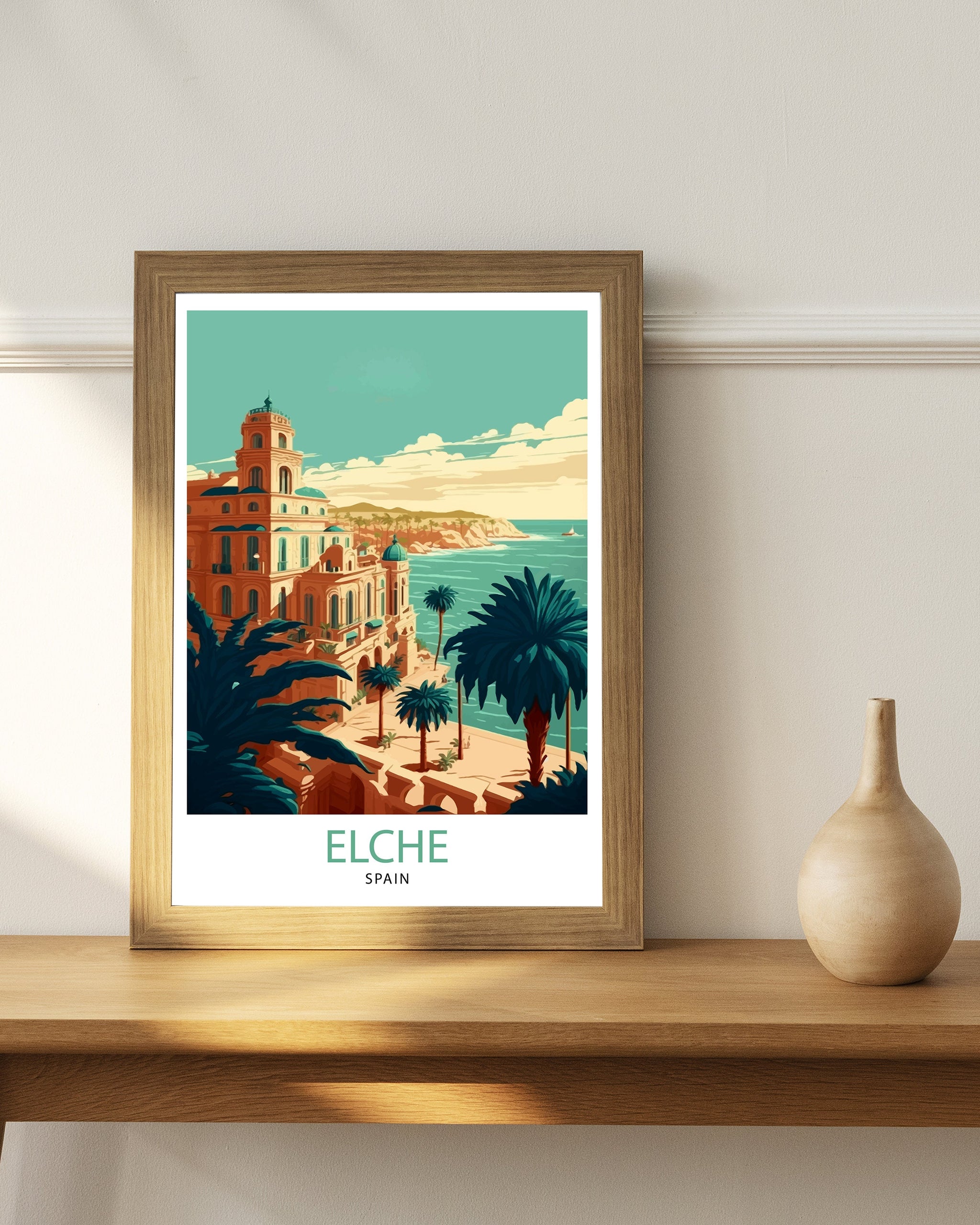 Elche Spain Travel Poster, Coastal City Illustration