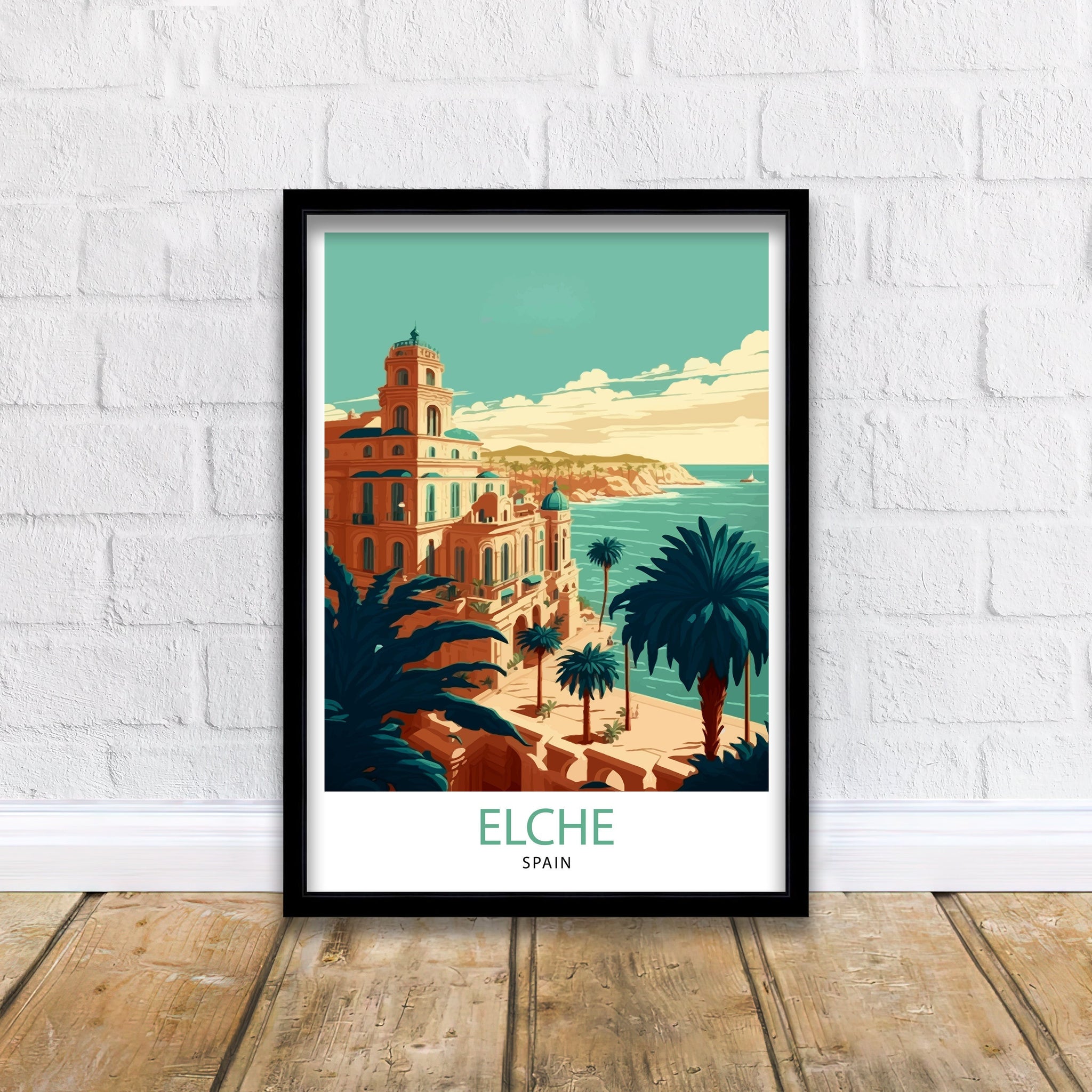 Elche Spain Travel Poster, Coastal City Illustration