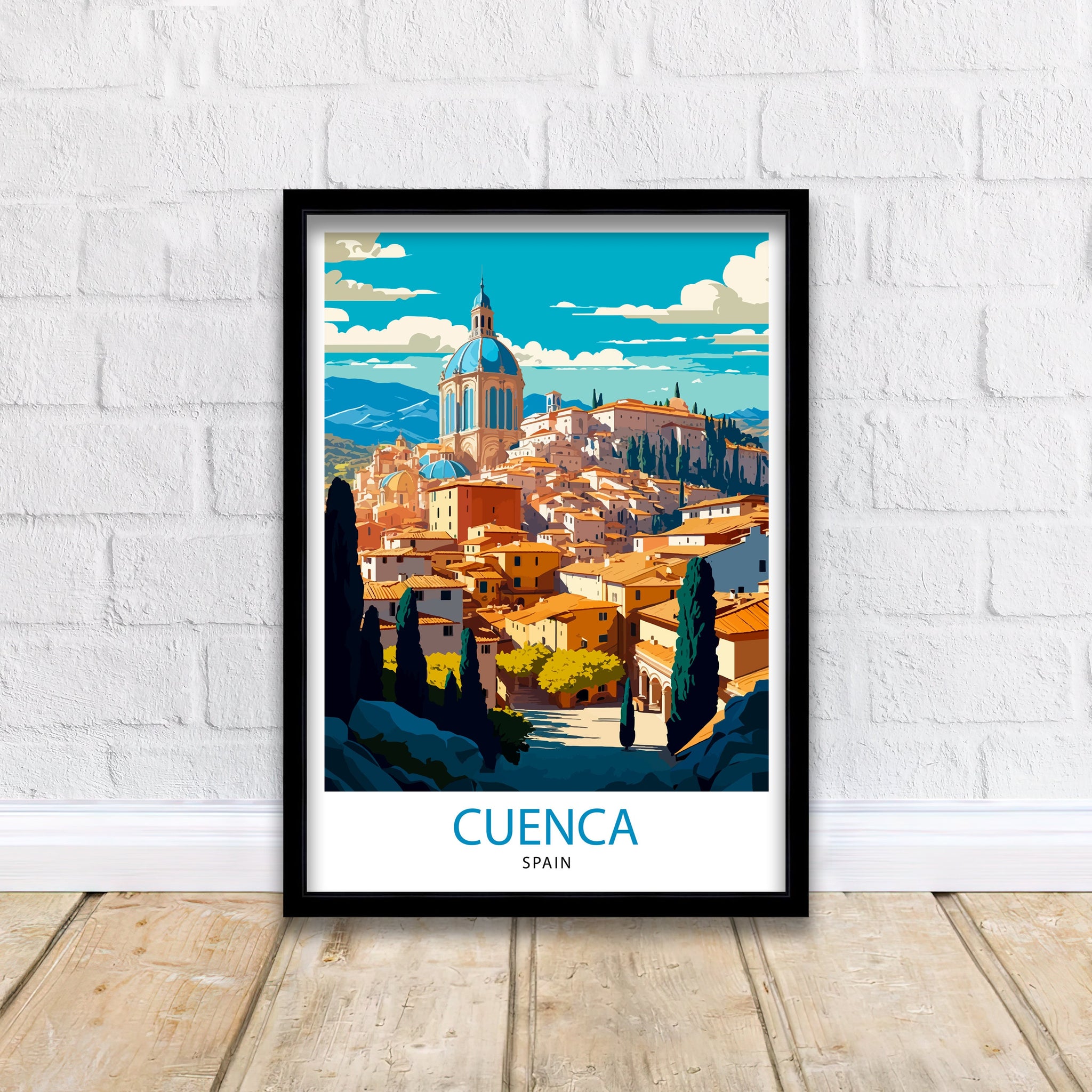 Cuenca Spain Travel Poster, Hanging Houses Illustration