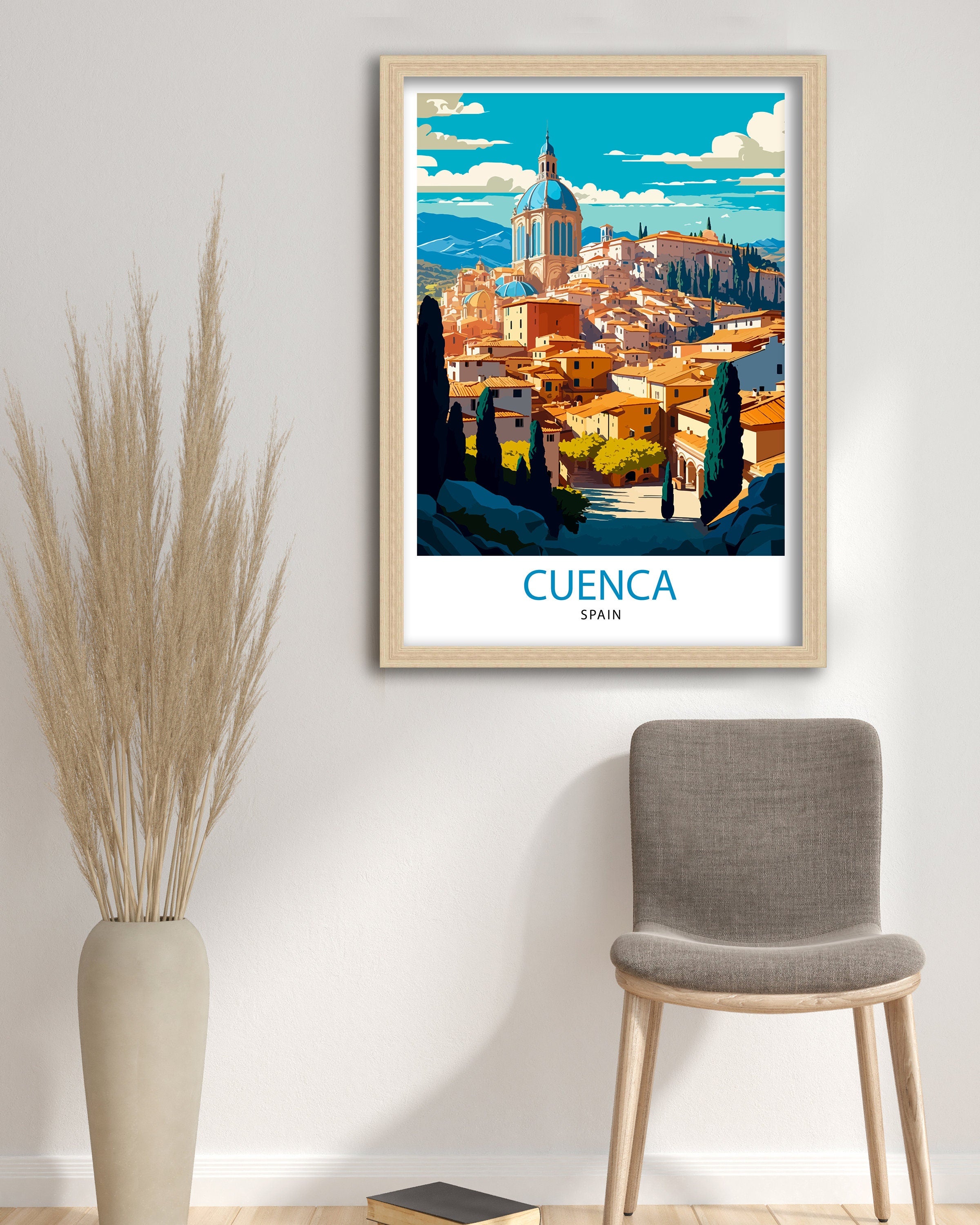 Cuenca Spain Travel Poster, Hanging Houses Illustration