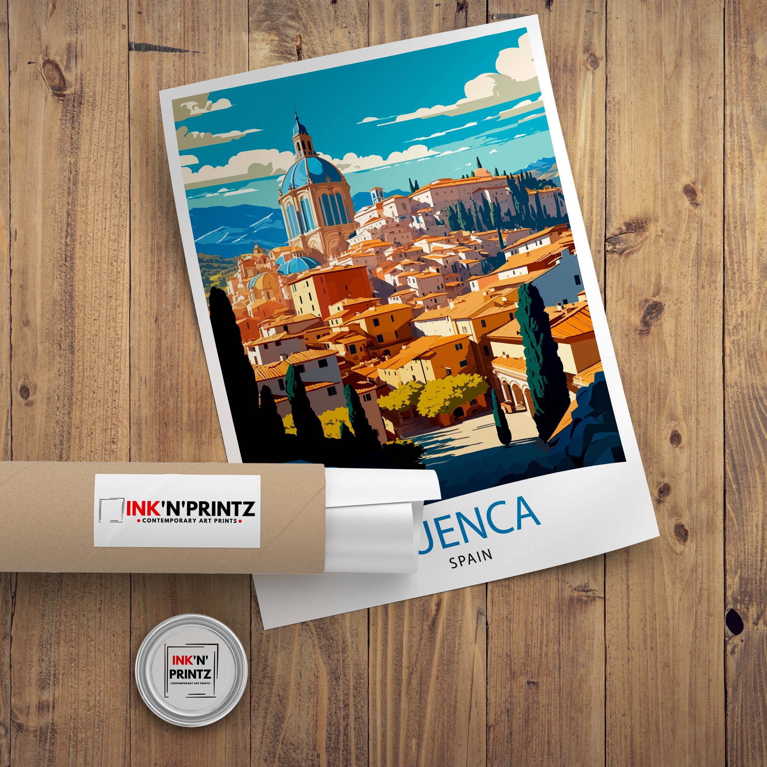Cuenca Spain Travel Poster, Hanging Houses Illustration