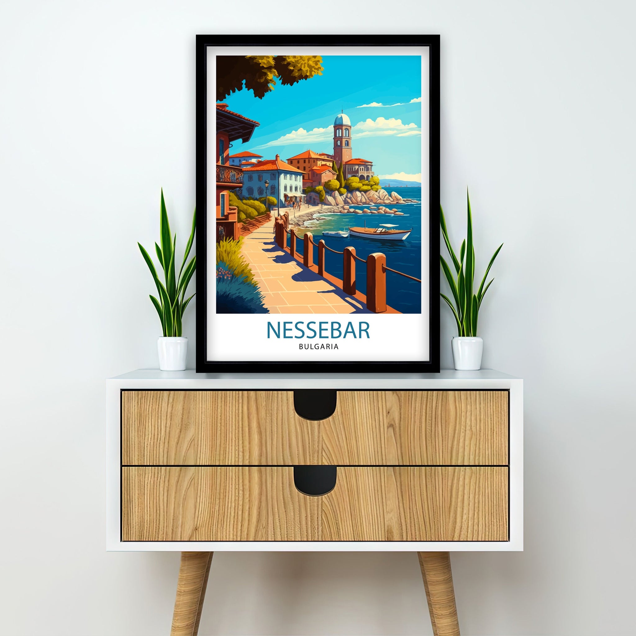 Nessebar Bulgaria Travel Poster, Coastal Illustration Art Print