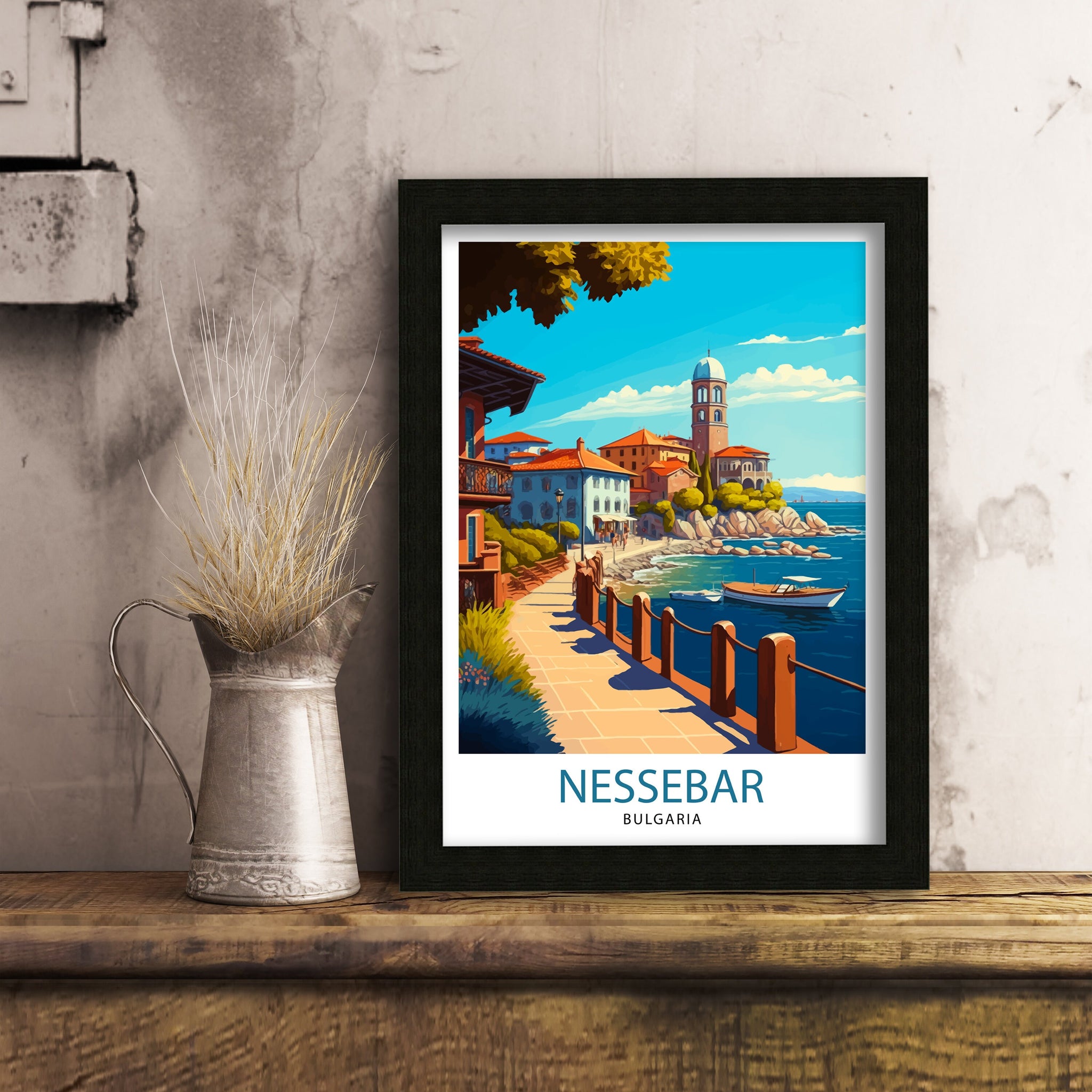 Nessebar Bulgaria Travel Poster, Coastal Illustration Art Print