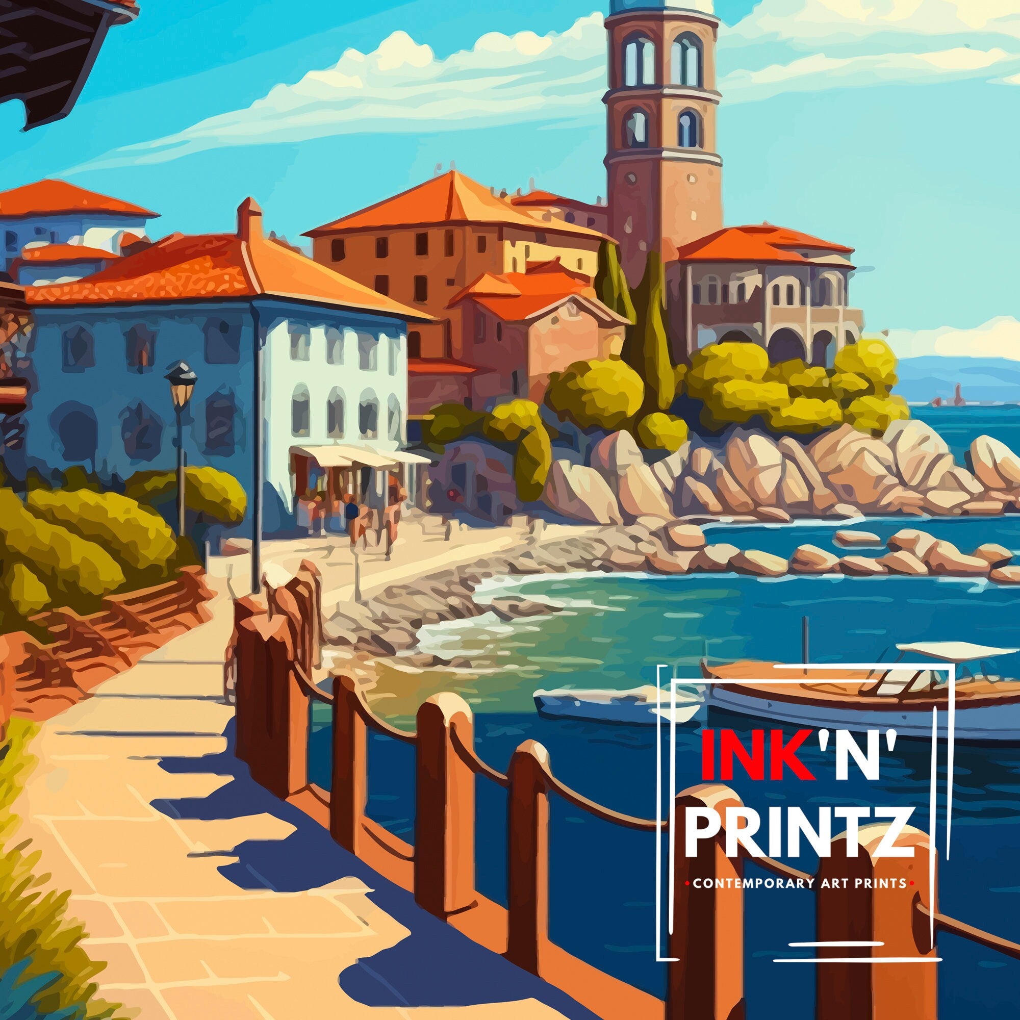 Nessebar Bulgaria Travel Poster, Coastal Illustration Art Print