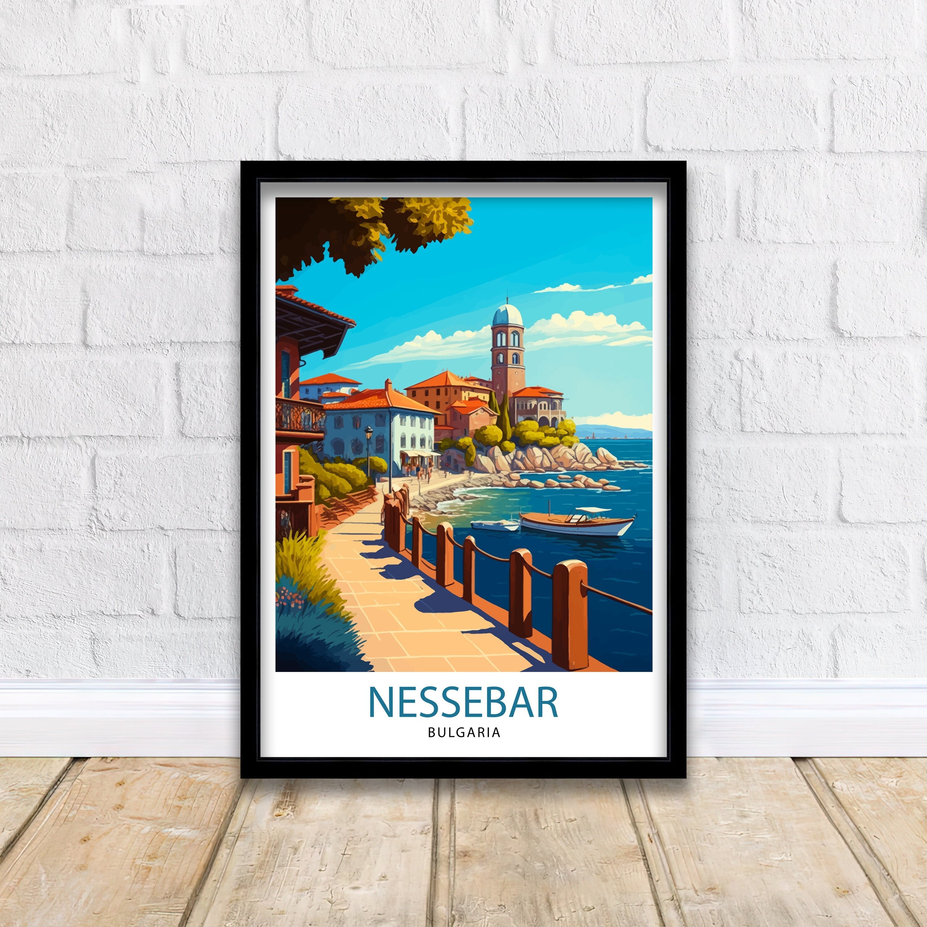 Nessebar Bulgaria Travel Poster, Coastal Illustration Art Print