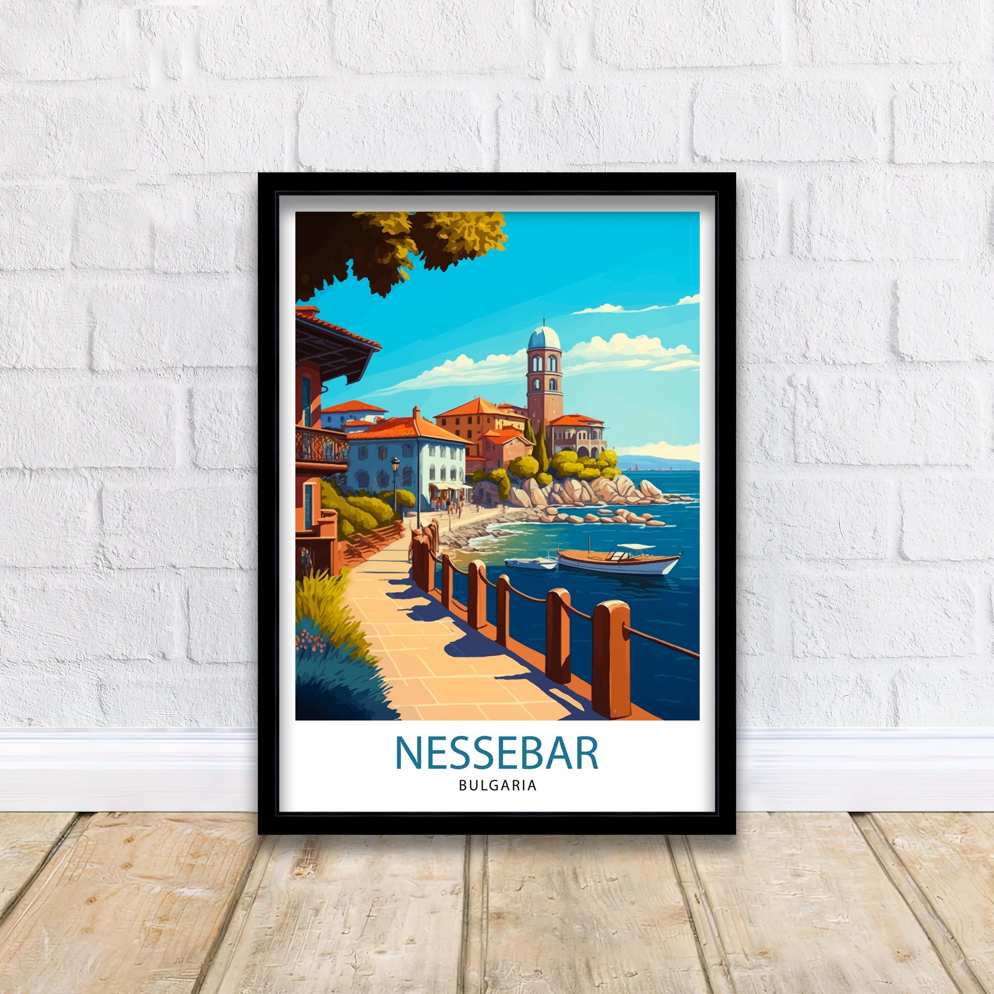 Nessebar Bulgaria Travel Poster, Coastal Illustration Art Print
