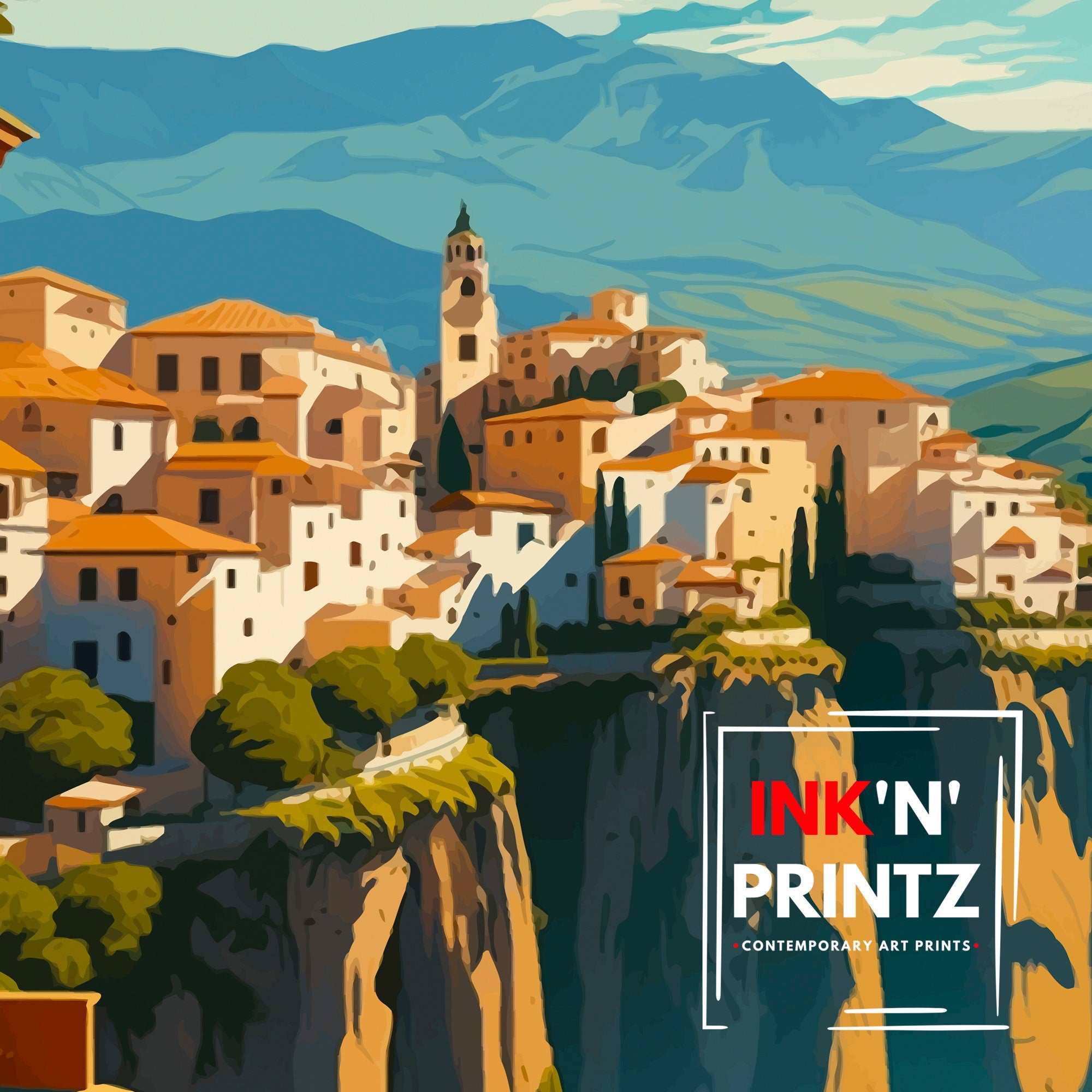 Ronda Spain Travel Poster: Andalusian Mountain Illustration