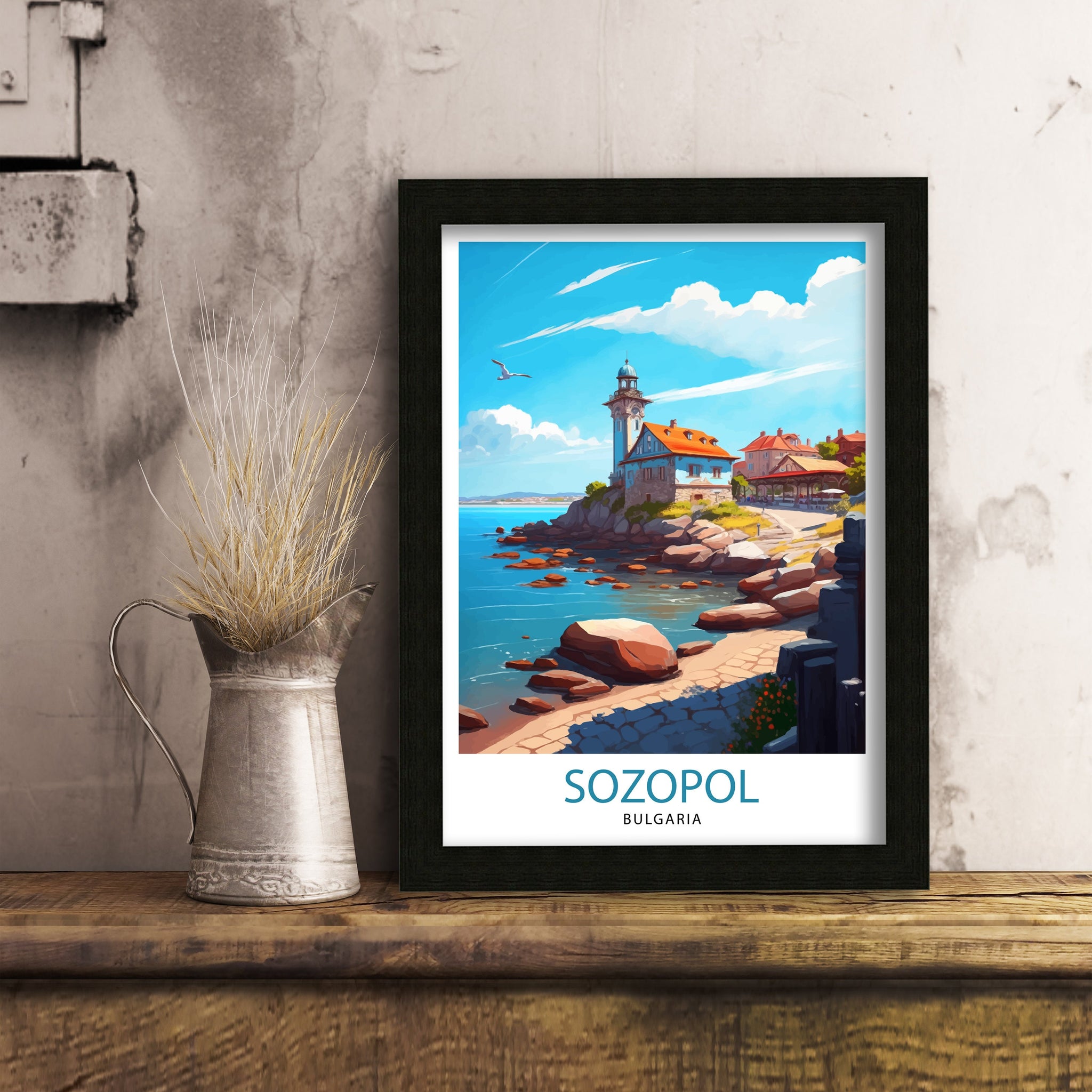 Sozopol Bulgaria Travel Poster, Coastal Illustration