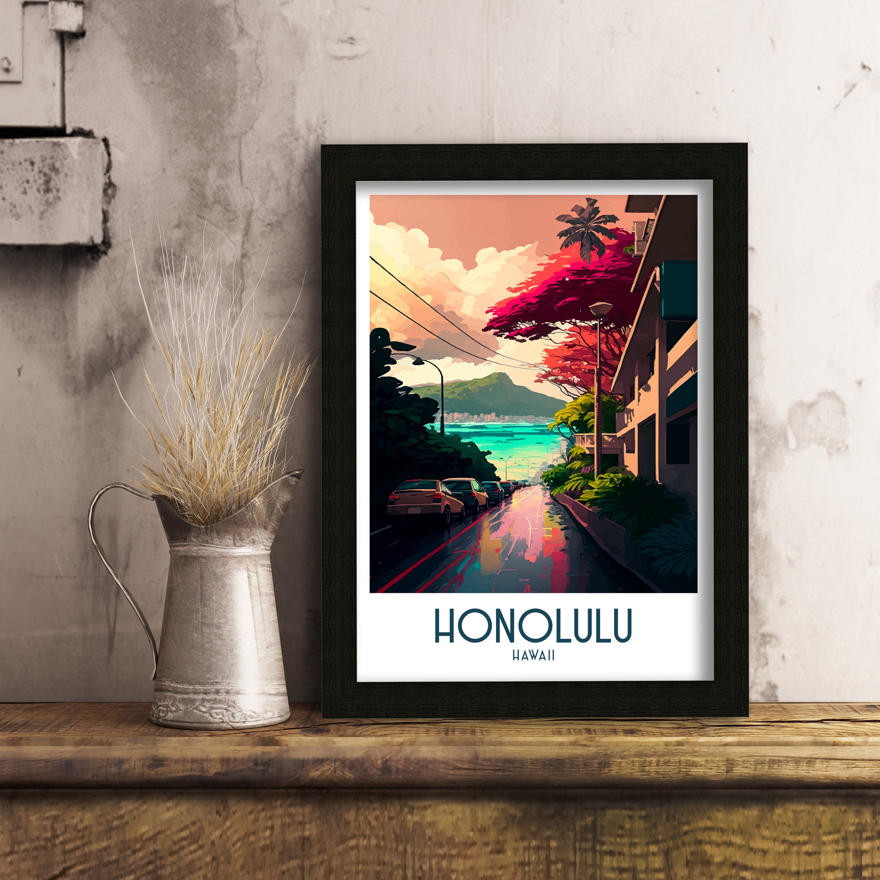 Honolulu Travel Poster | Waikiki Beach & Diamond Head Art Print