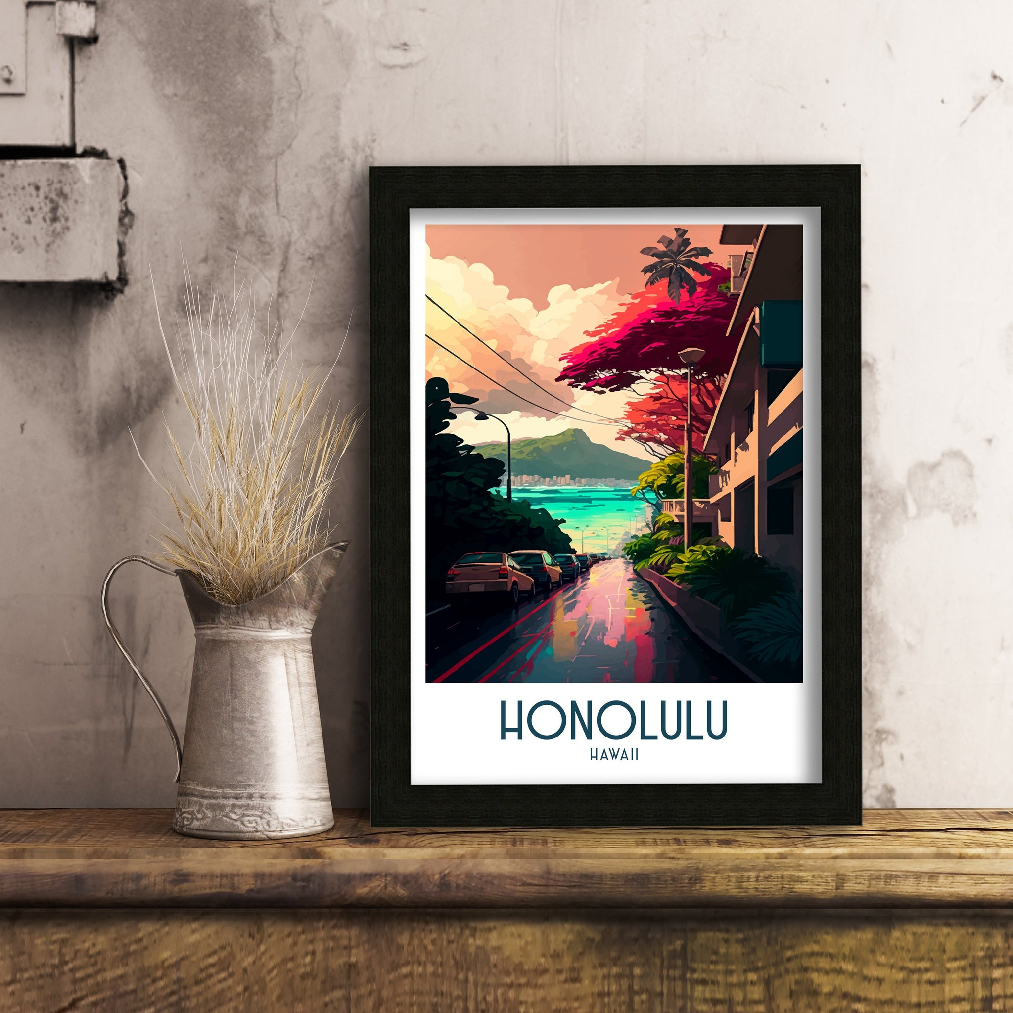 Honolulu Travel Poster | Waikiki Beach & Diamond Head Art Print