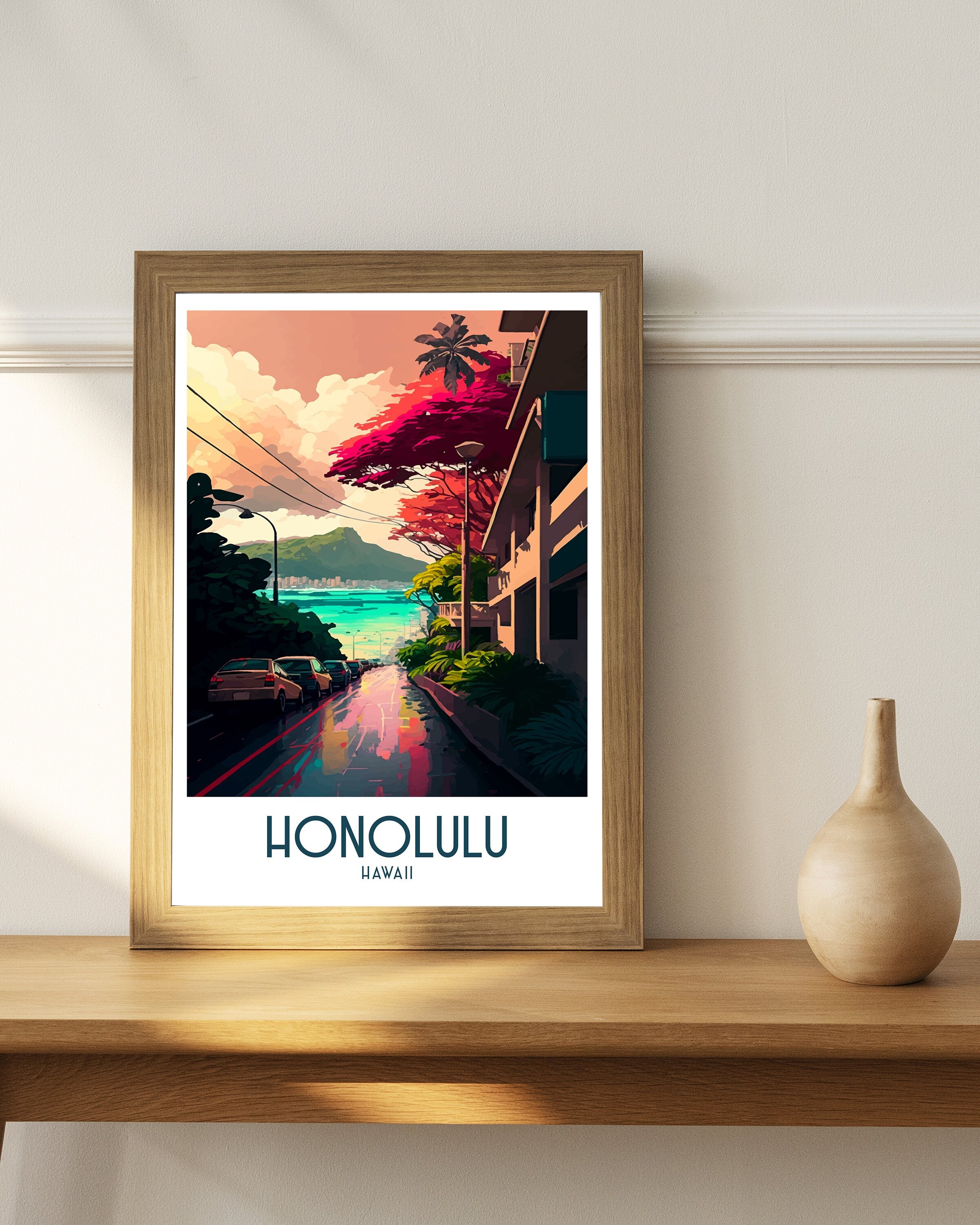 Honolulu Travel Poster | Waikiki Beach & Diamond Head Art Print