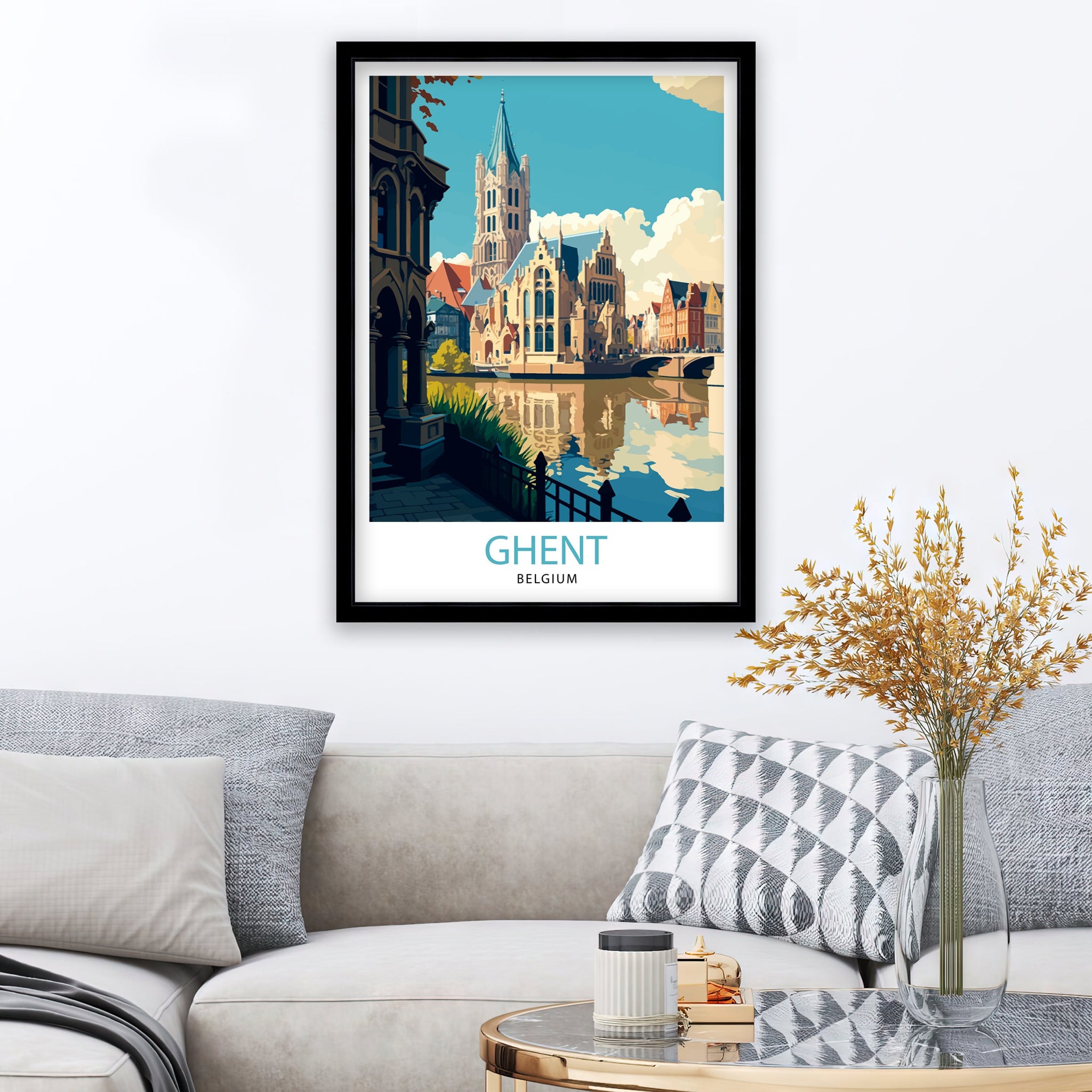 Ghent Belgium Travel Poster, Illustrated City View