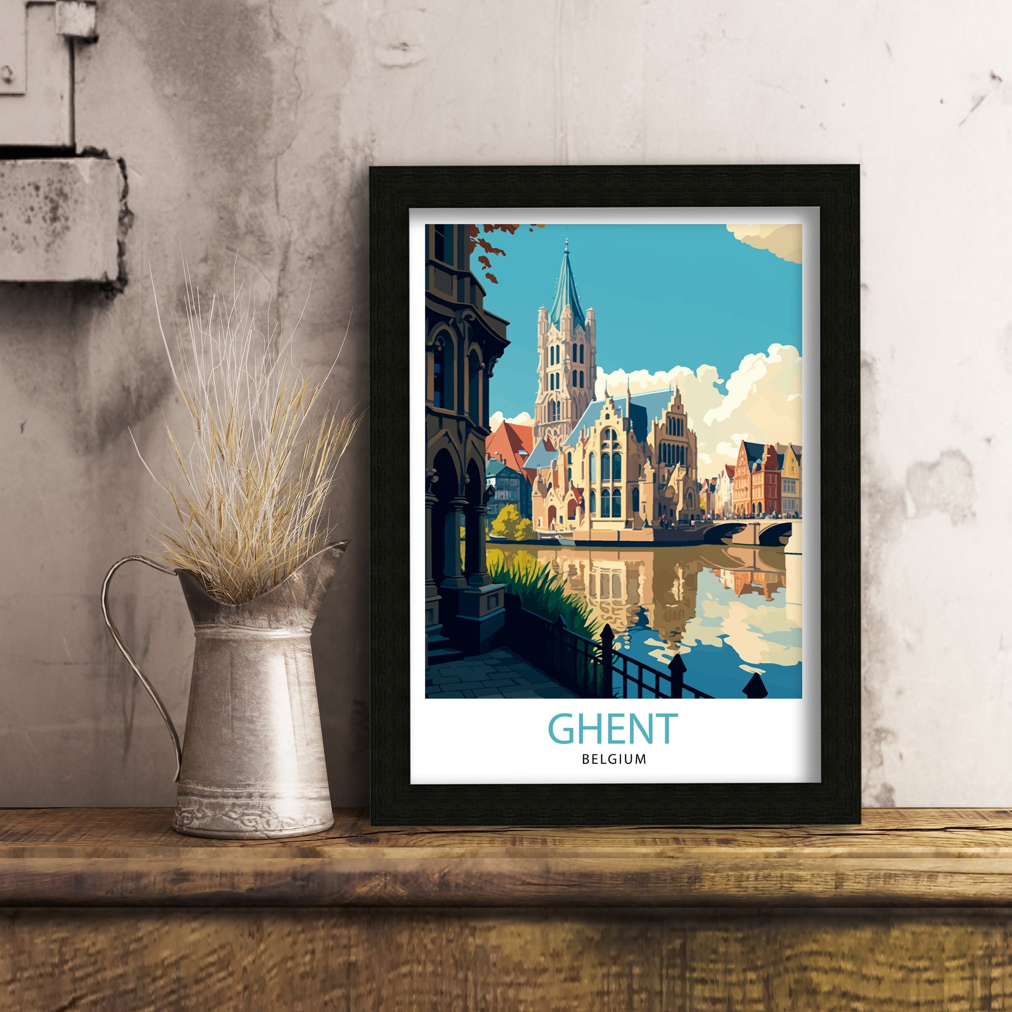 Ghent Belgium Travel Poster, Illustrated City View