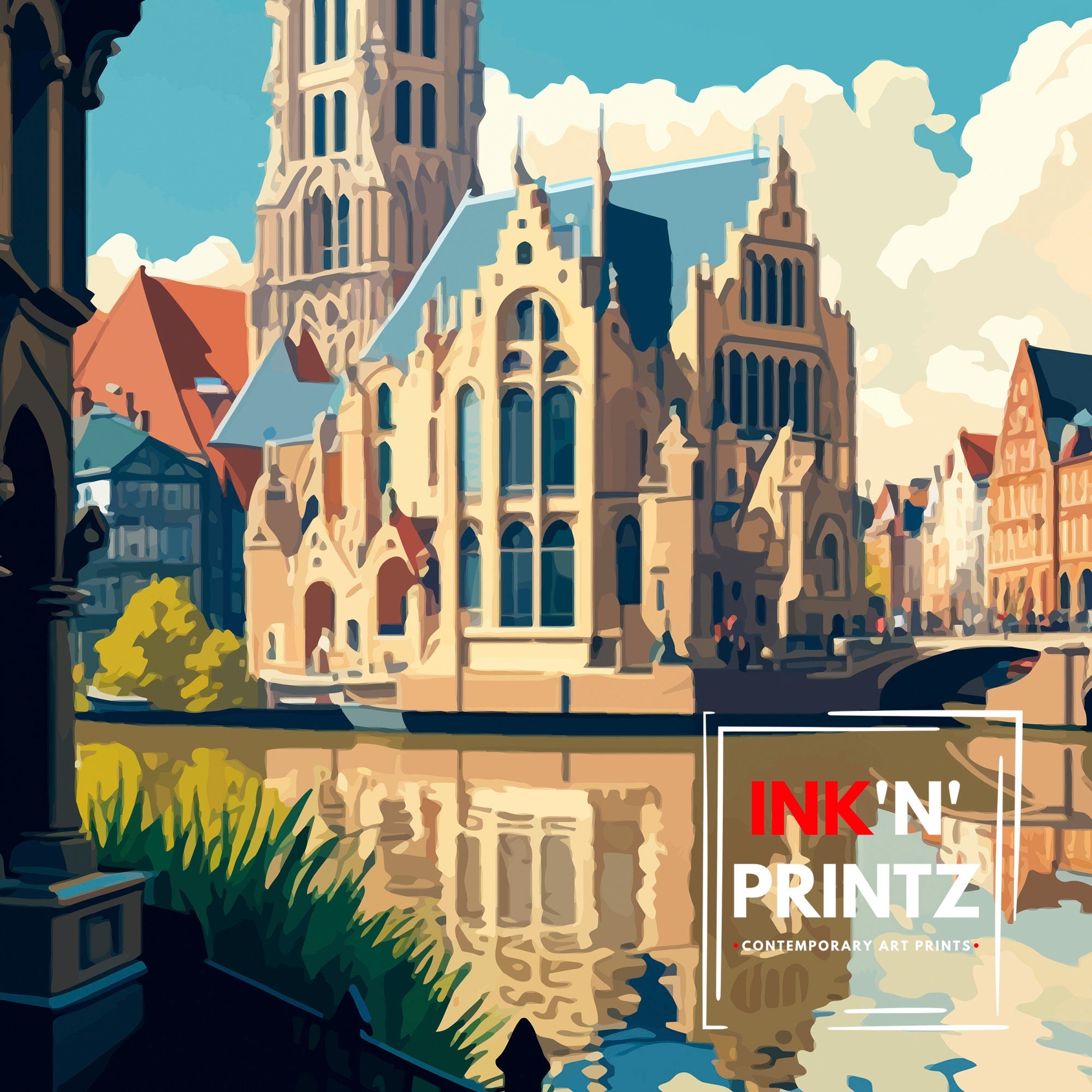 Ghent Belgium Travel Poster, Illustrated City View